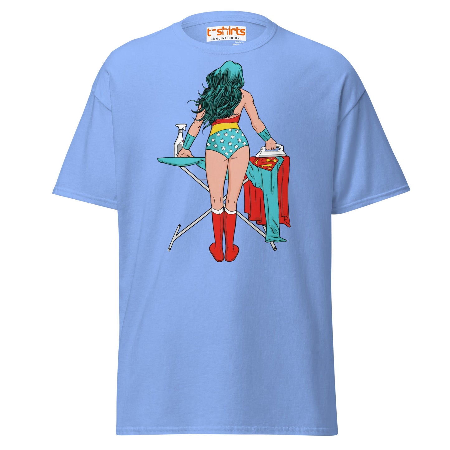 Superhero Ironing T-Shirt – Funny Retro Comic Tee - Carolina Blue - T-Shirts Online