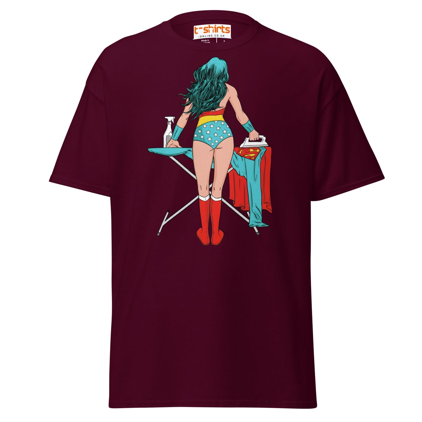 Superhero Ironing T-Shirt – Funny Retro Comic Tee - Maroon - T-Shirts Online
