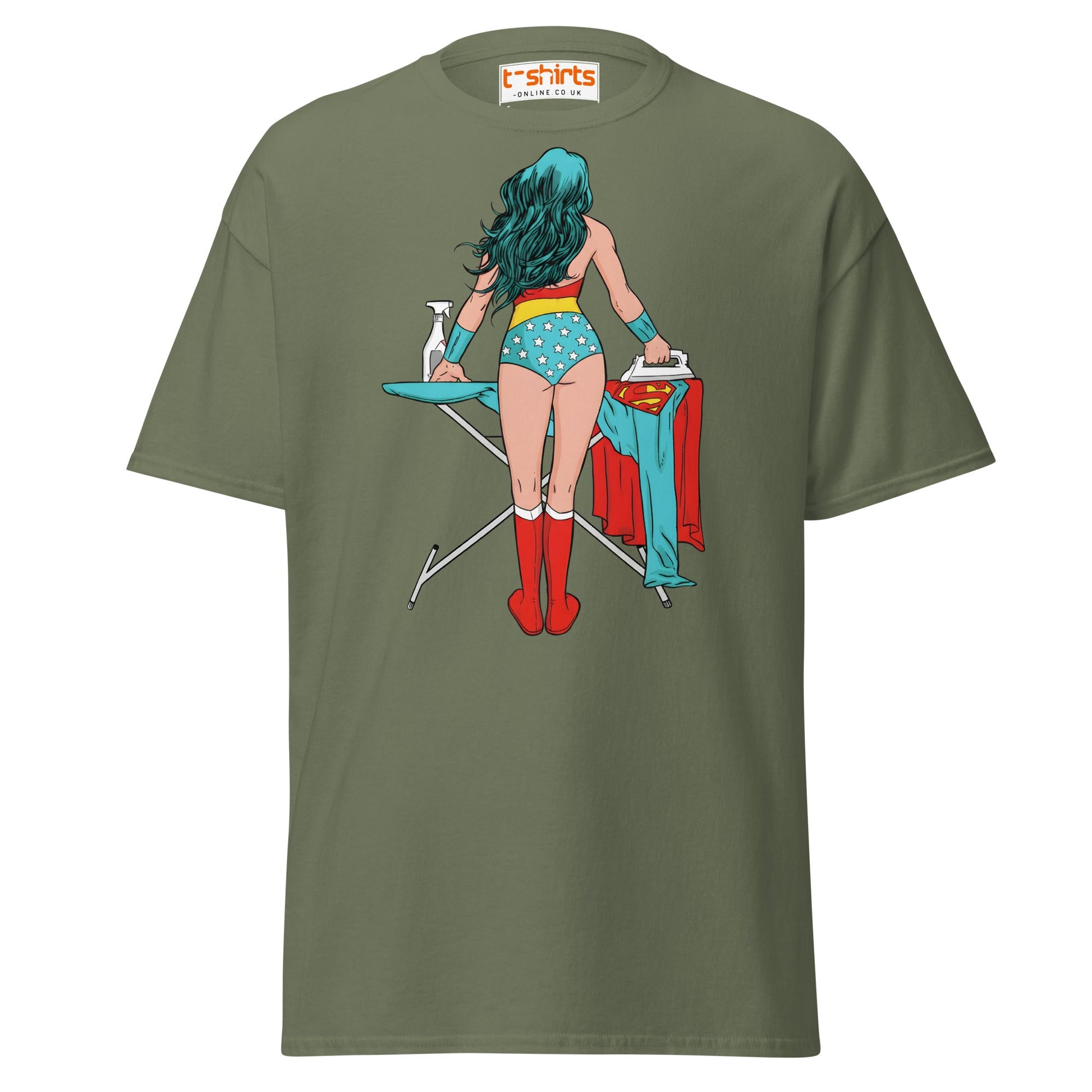 Superhero Ironing T-Shirt – Funny Retro Comic Tee - Military Green - T-Shirts Online