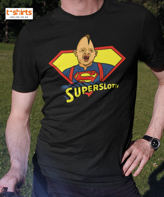 Person wearing a black t-shirt with a Superman-themed graphic and 'SUPERSLOTHS' text.