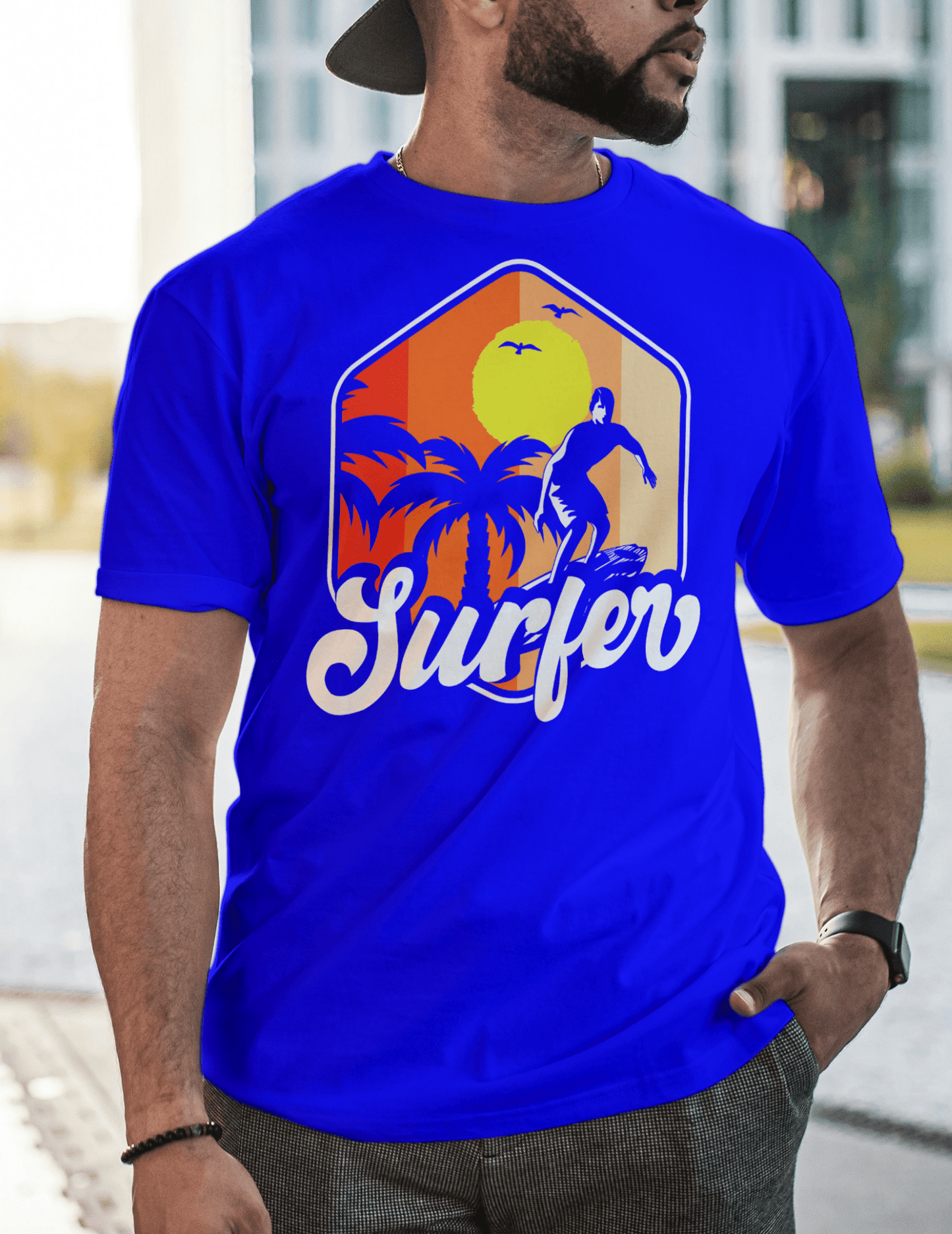 T-shirt with retro surfer and sunset palm tree graphic