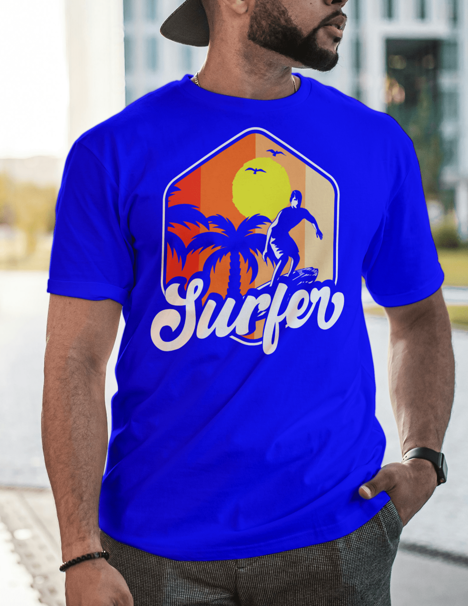 T-shirt with retro surfer and sunset palm tree graphic
