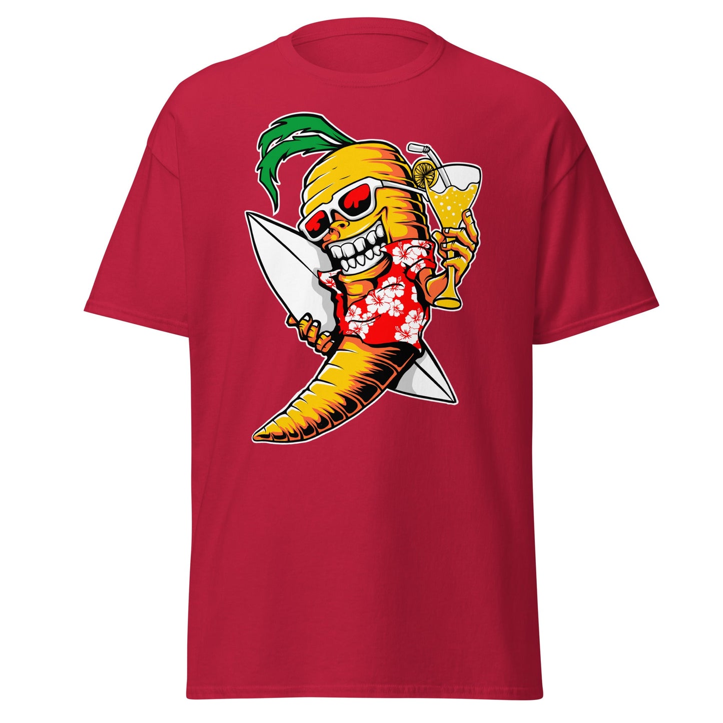 Surfing Carrot Skull T-Shirt – Tropical Party Surf Tee - Cardinal - T-Shirts Online