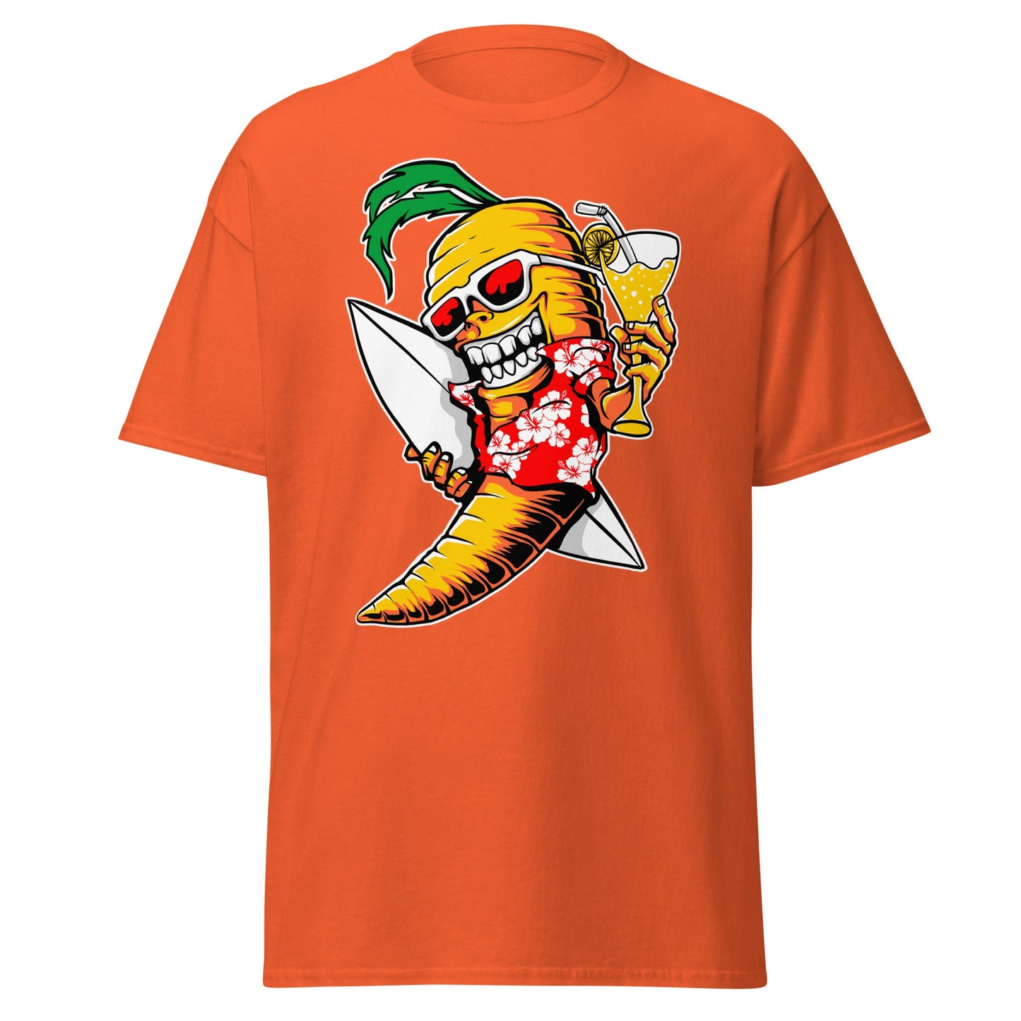 Surfing Carrot Skull T-Shirt – Tropical Party Surf Tee - Orange - T-Shirts Online