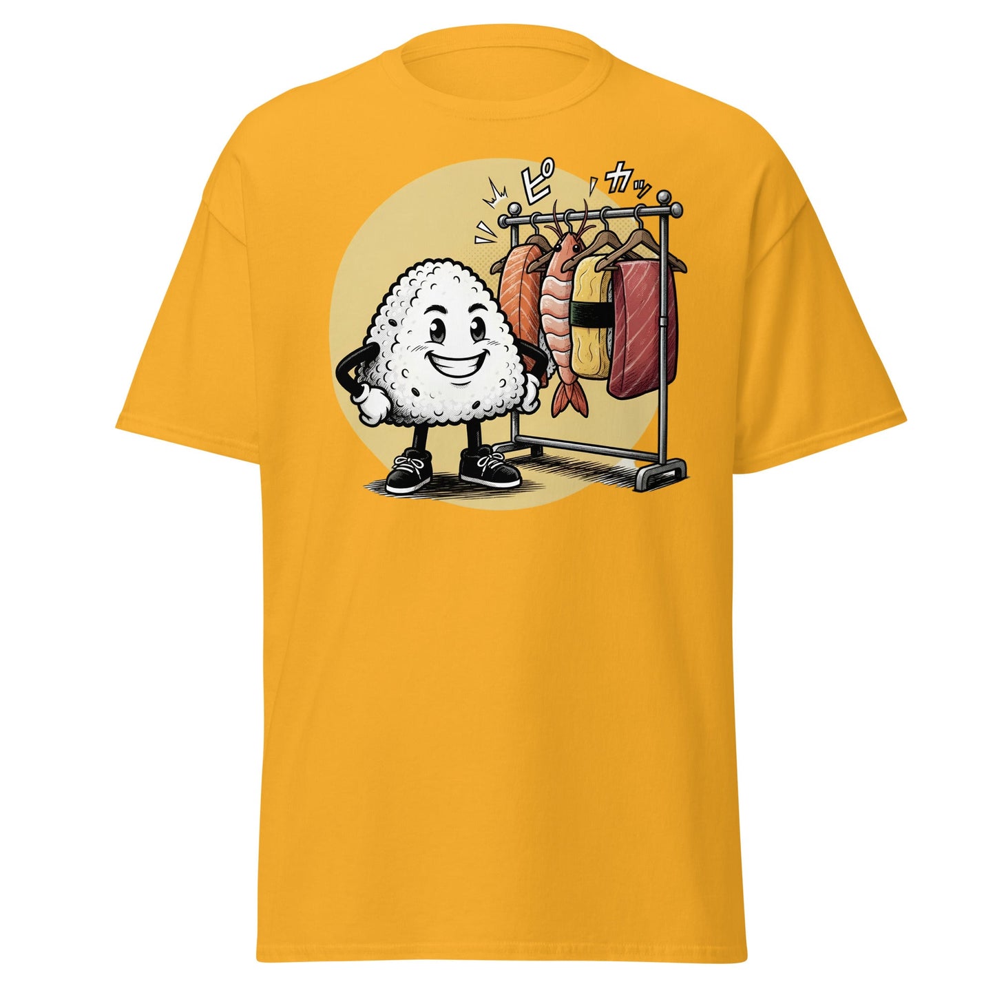 Sushi Fashion Rice Ball T-Shirt – Funny Cartoon Sushi Tee - Gold - T-Shirts Online