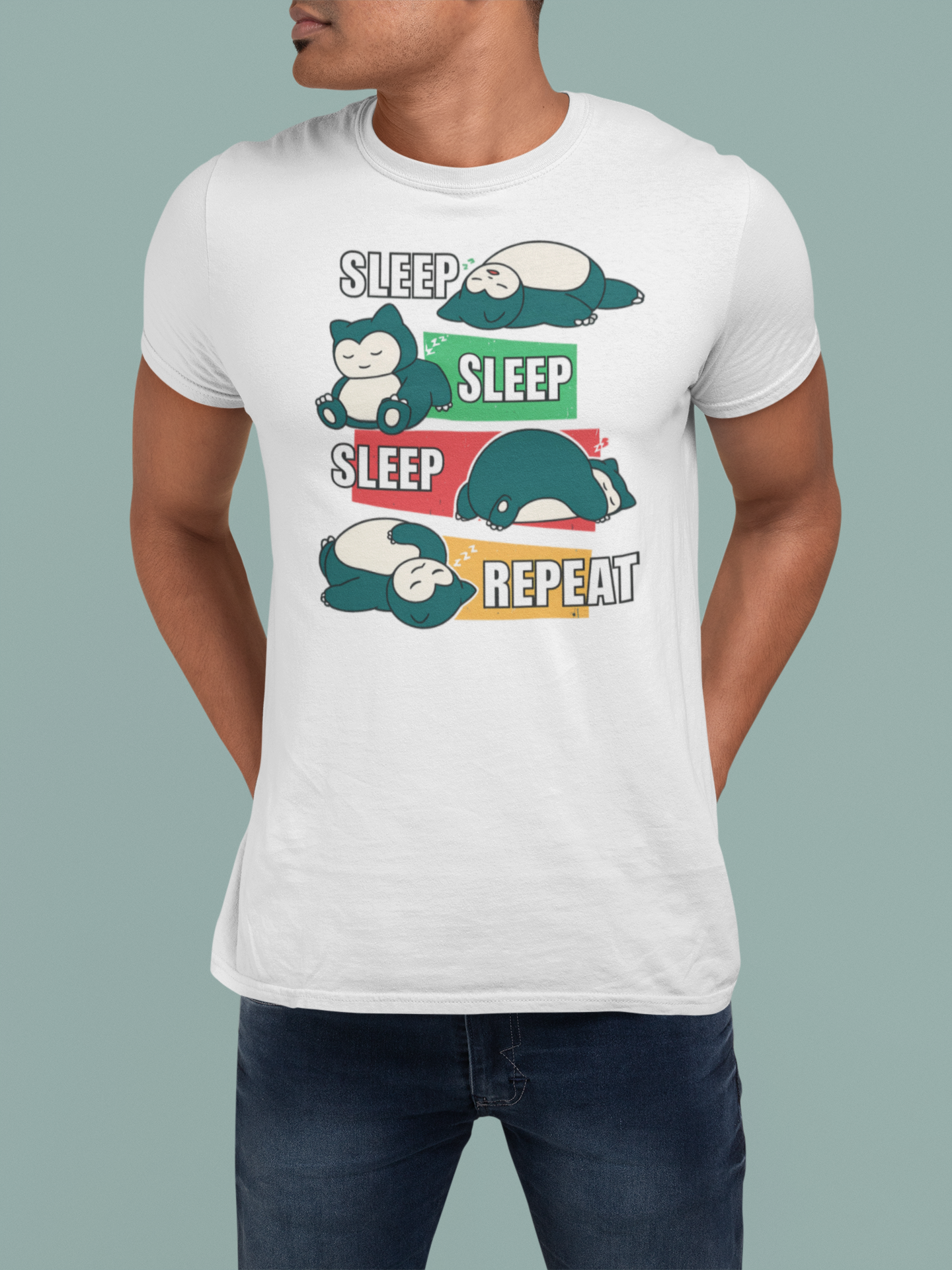 Person wearing a white t-shirt with cartoon sloths and text on a gray background