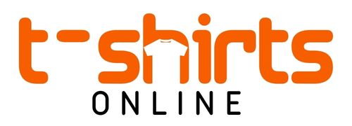 Logo for t-shirts online with orange text on a white background