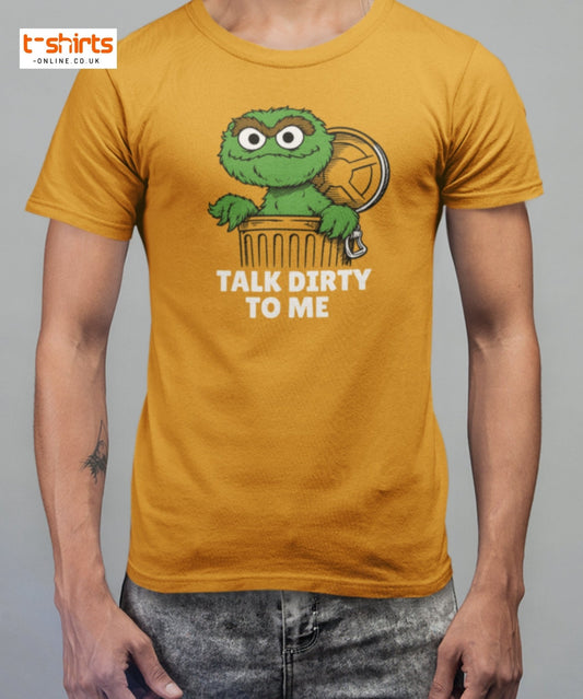Yellow t-shirt with a graphic of a character and text 'Talk Dirty to Me' on a gray background