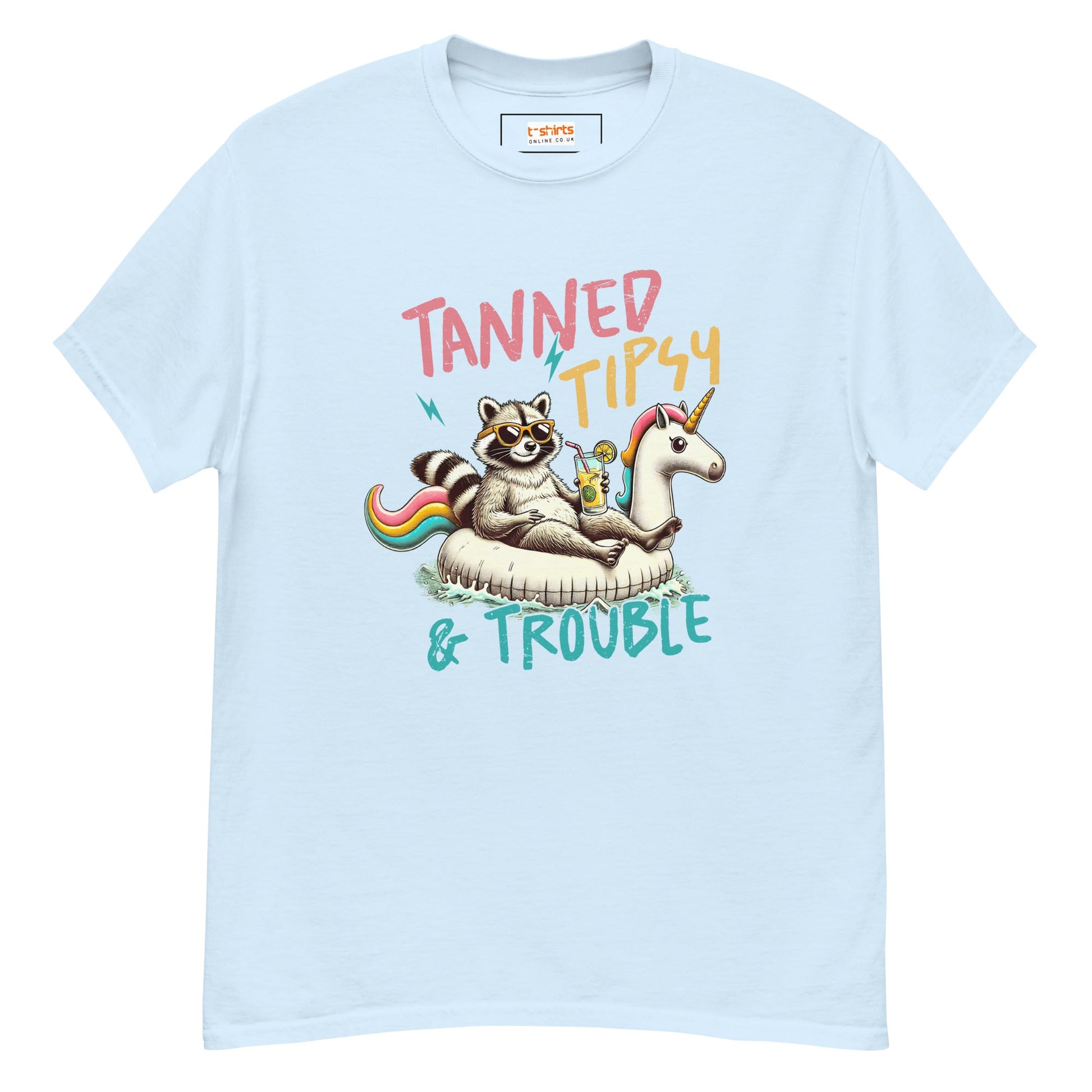 Tanned, Tipsy & Trouble | Raccoon T-Shirt - Light Blue - T-Shirts Online