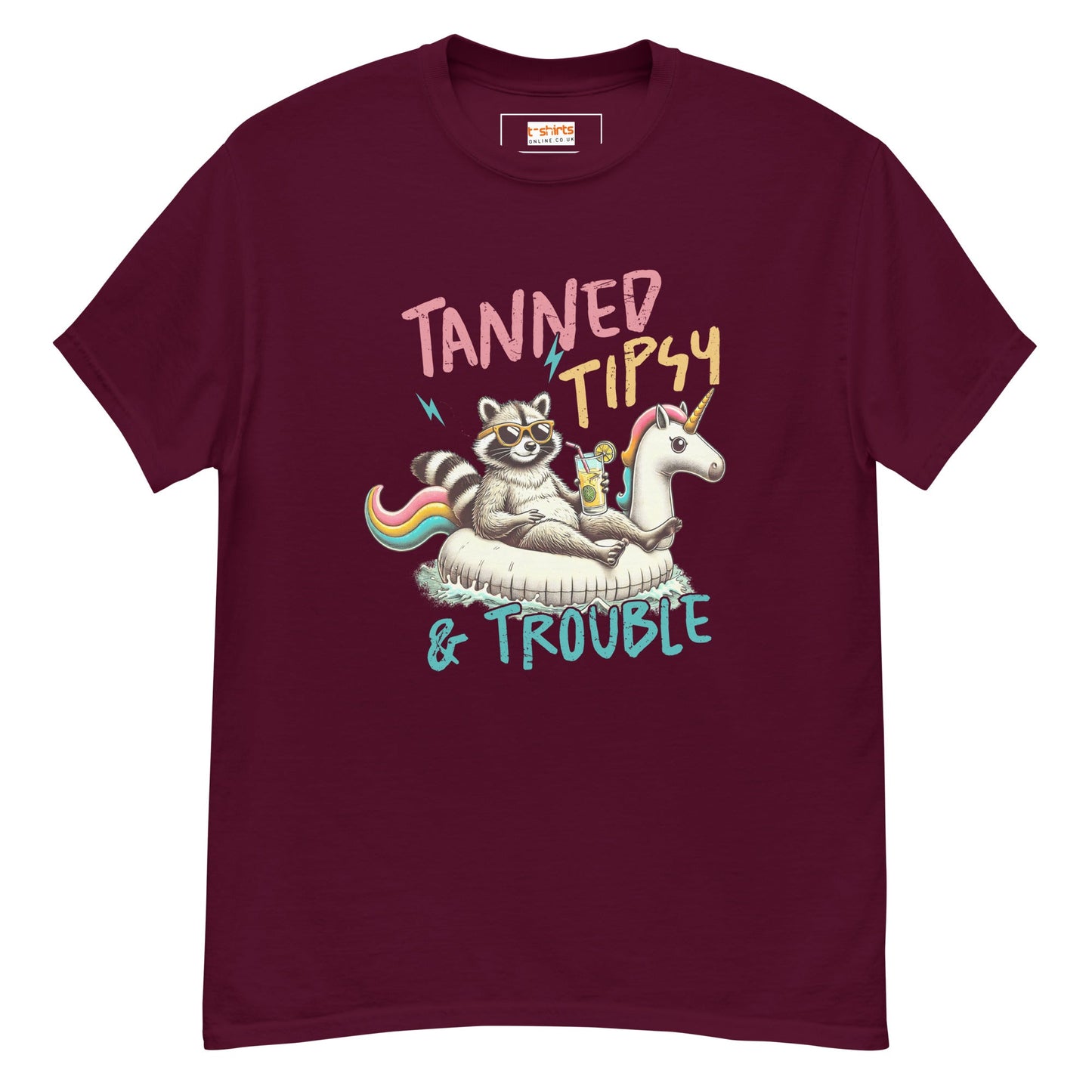 Tanned, Tipsy & Trouble | Raccoon T-Shirt - Maroon - T-Shirts Online