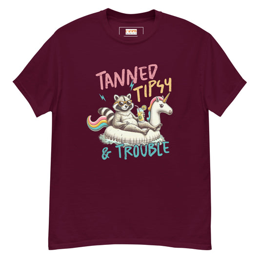 Tanned, Tipsy & Trouble | Raccoon T-Shirt - Maroon - T-Shirts Online