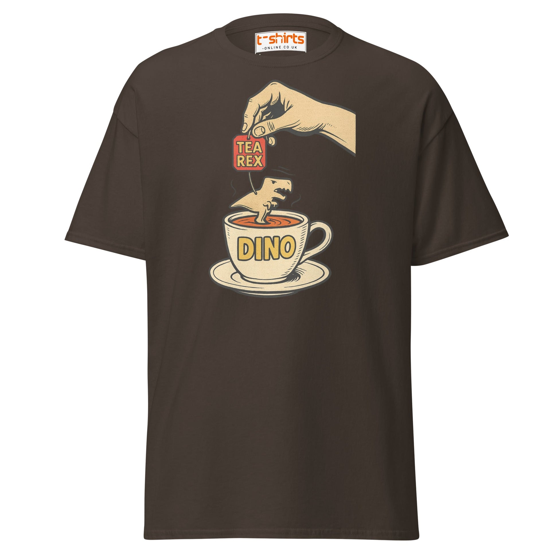 Tea Rex Dinosaur Pun T-Shirt – Funny Retro Comic Tee - Dark Chocolate - T-Shirts Online