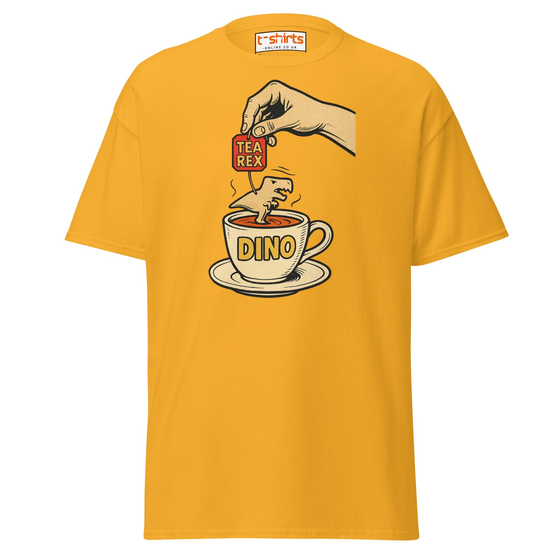 Tea Rex Dinosaur Pun T-Shirt – Funny Retro Comic Tee - Gold - T-Shirts Online