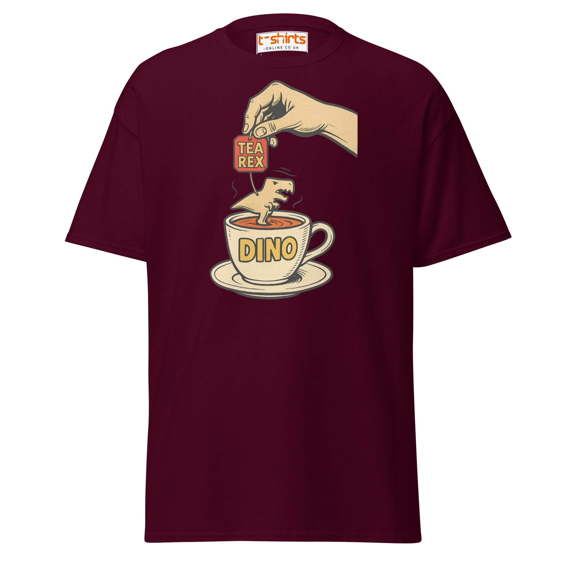 Tea Rex Dinosaur Pun T-Shirt – Funny Retro Comic Tee - Maroon - T-Shirts Online