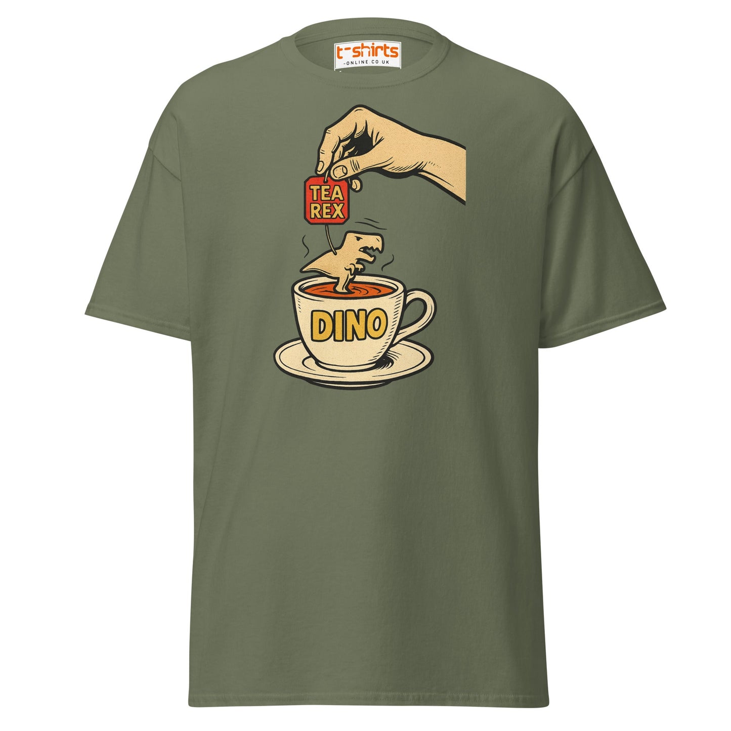 Tea Rex Dinosaur Pun T-Shirt – Funny Retro Comic Tee - Military Green - T-Shirts Online