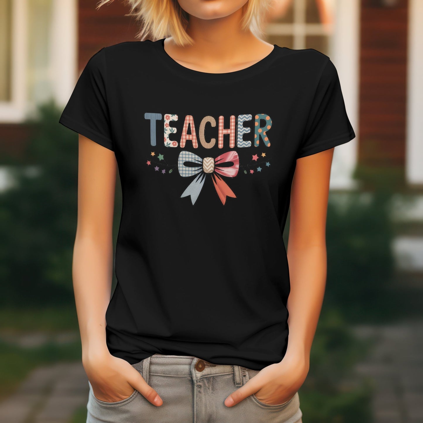 Teacher Bow T-Shirt | Softstyle Womens Tee - Black - T-Shirts Online