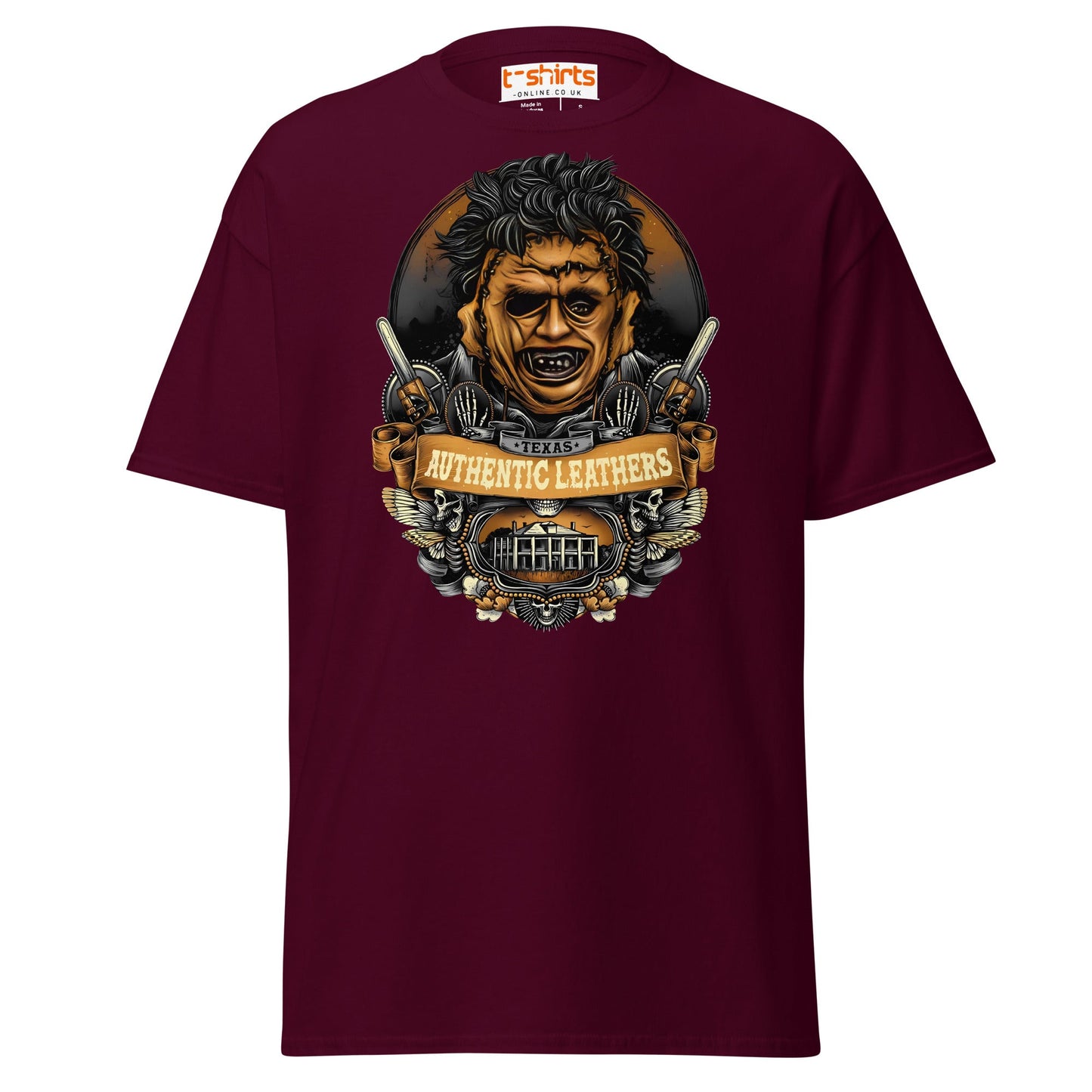 Texas Horror T-Shirt | Authentic Leathers Design - Maroon - T-Shirts Online