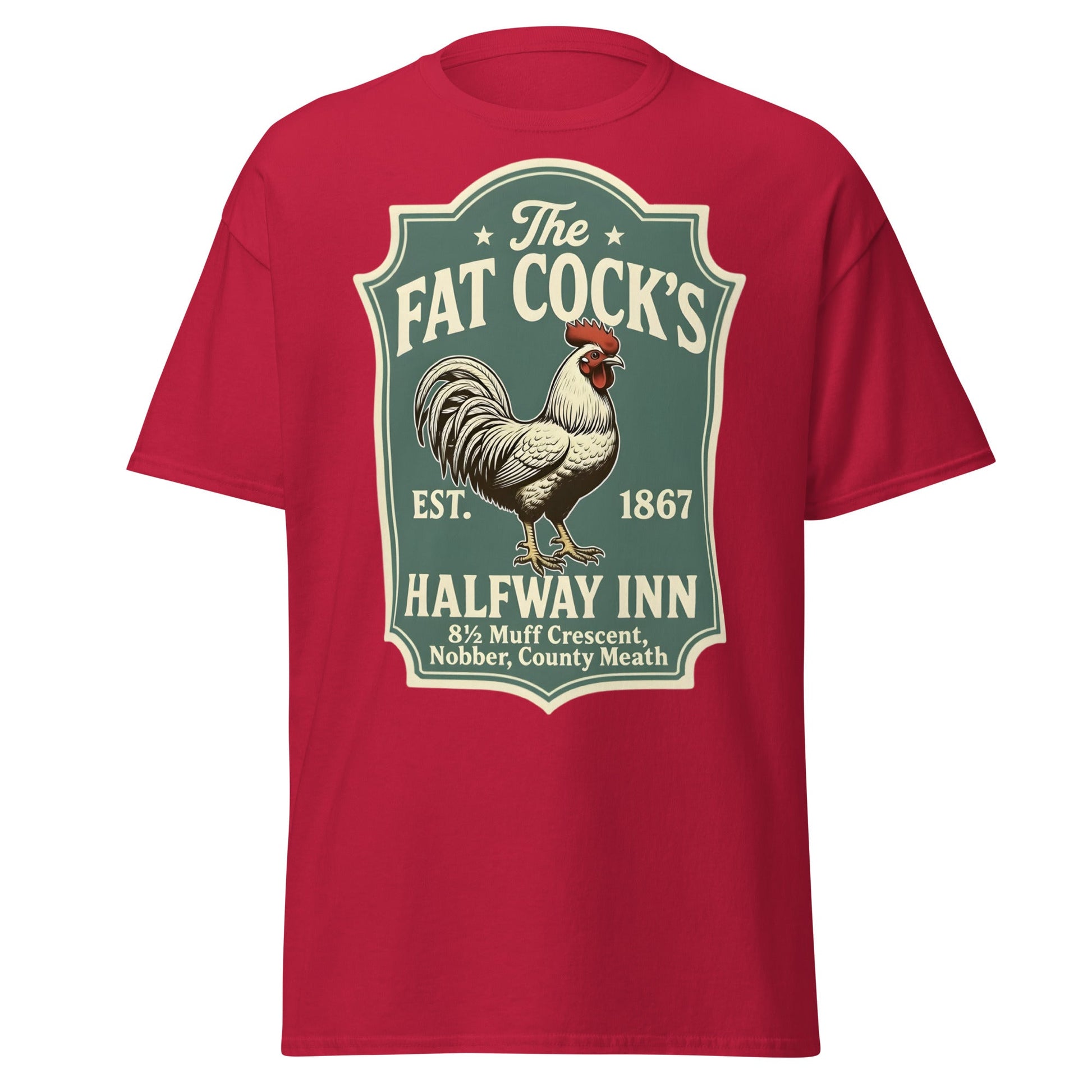 The Fat Cock's Halfway Inn Funny Irish Pub T-Shirt - Cardinal - T-Shirts Online