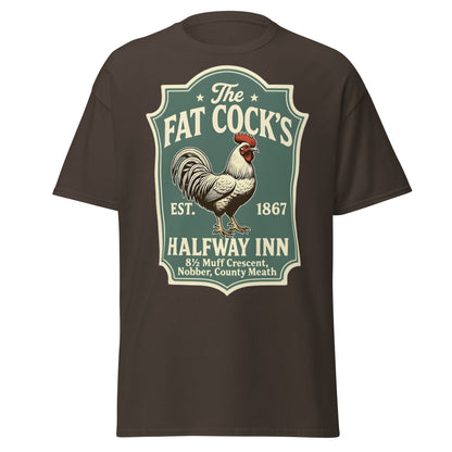 The Fat Cock's Halfway Inn Funny Irish Pub T-Shirt - Dark Chocolate - T-Shirts Online