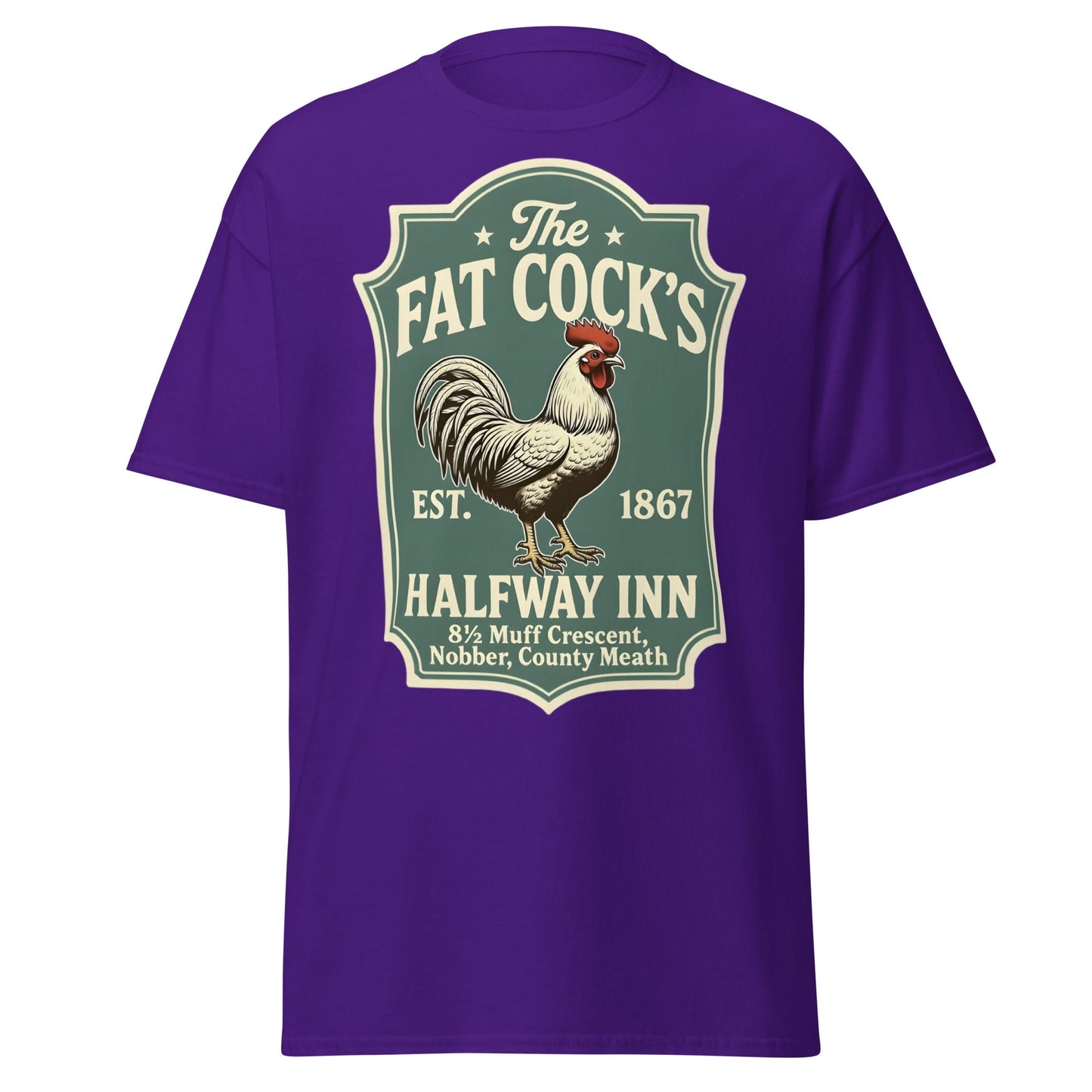 The Fat Cock's Halfway Inn Funny Irish Pub T-Shirt - Purple - T-Shirts Online