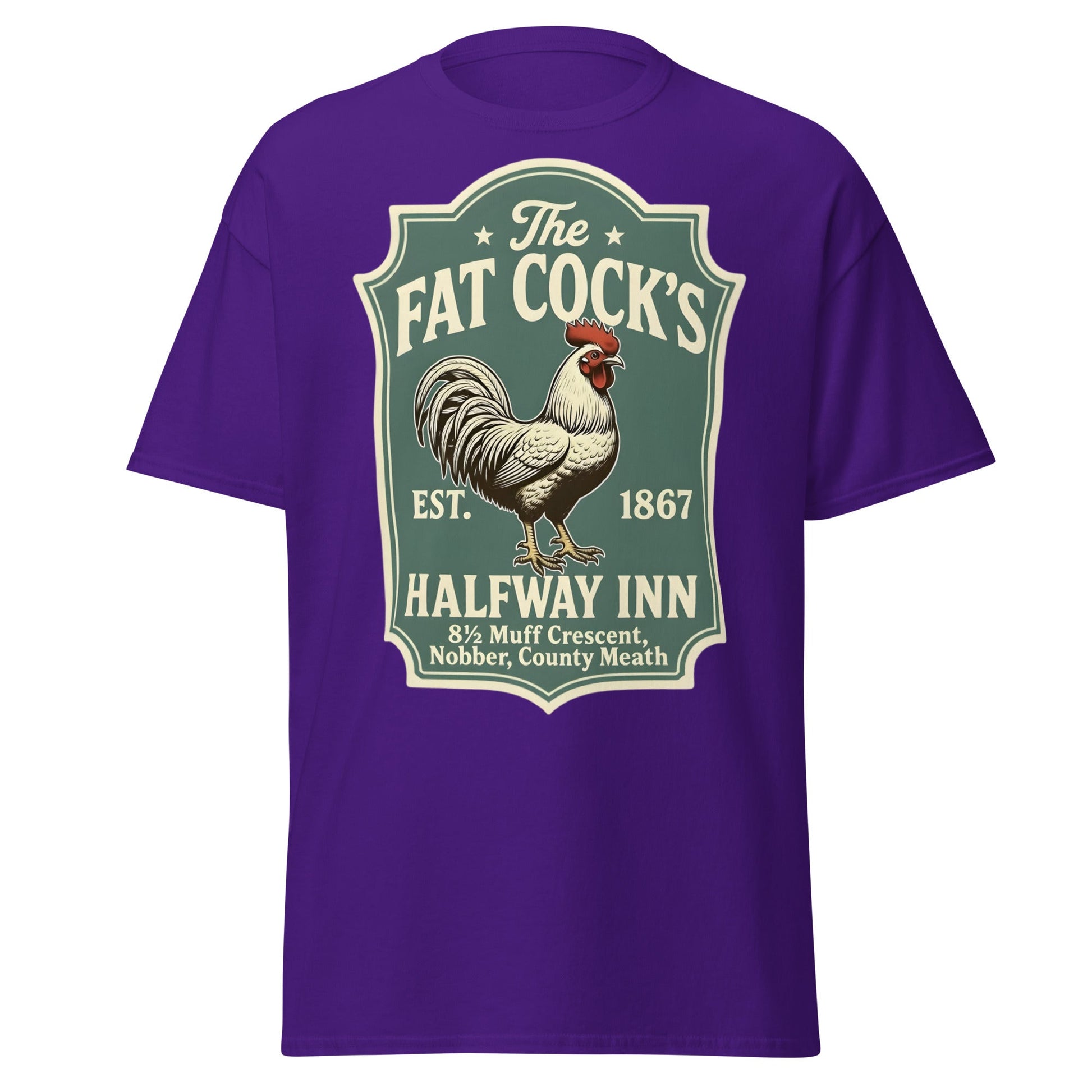 The Fat Cock's Halfway Inn Funny Irish Pub T-Shirt - Purple - T-Shirts Online