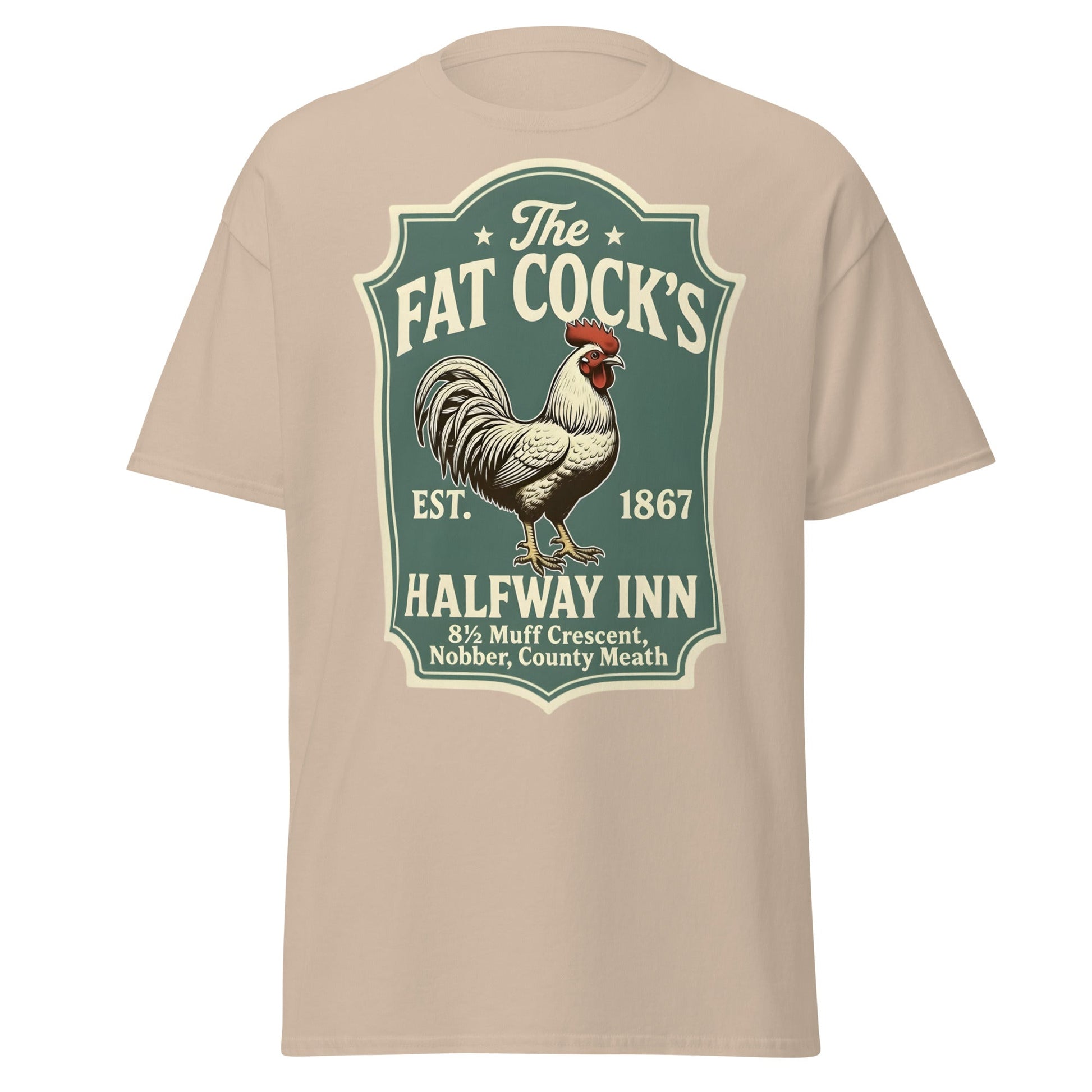 The Fat Cock's Halfway Inn Funny Irish Pub T-Shirt - Sand - T-Shirts Online