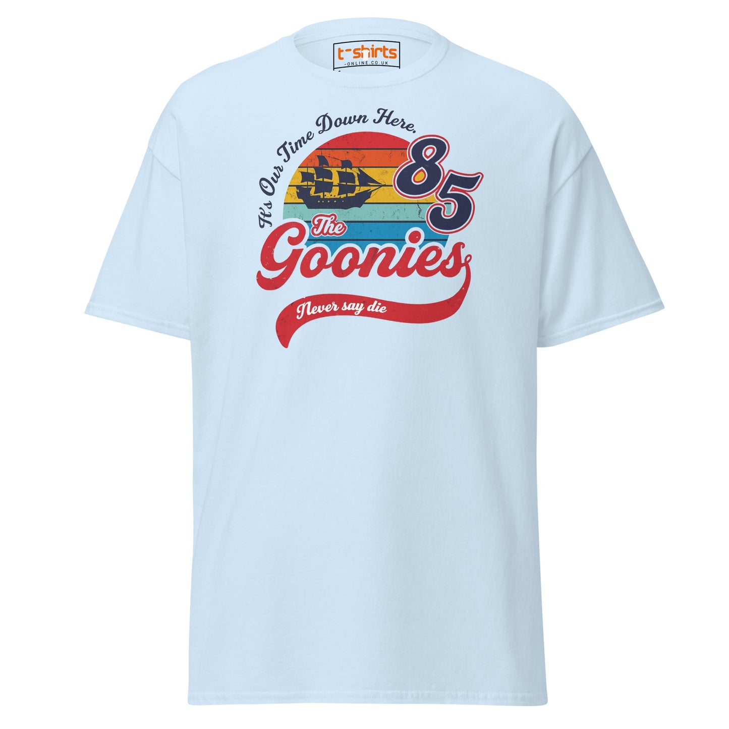 The Goonies 85 T-Shirt – Vintage Retro Graphic Tee - Light Blue - T-Shirts Online