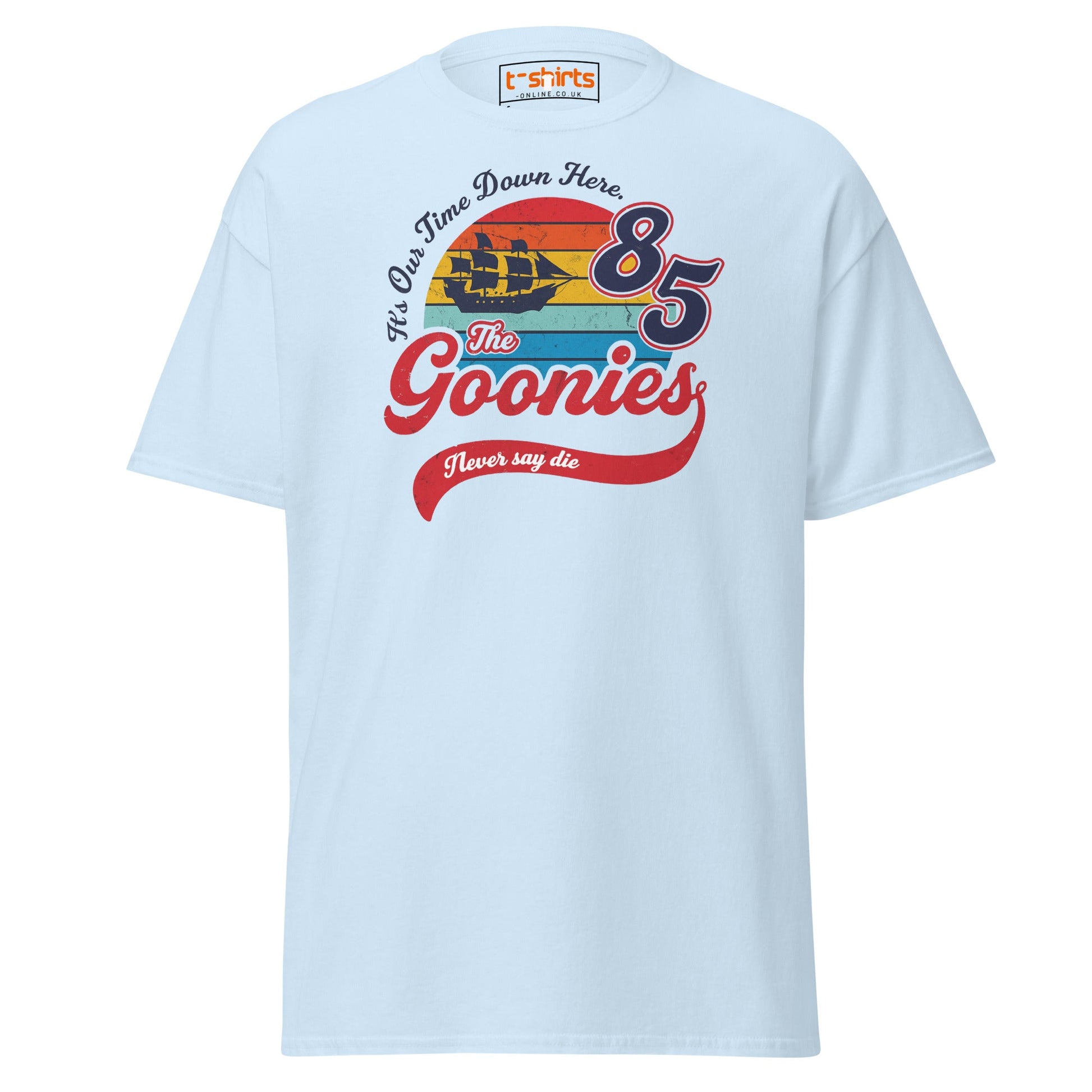 The Goonies 85 T-Shirt – Vintage Retro Graphic Tee - Light Blue - T-Shirts Online