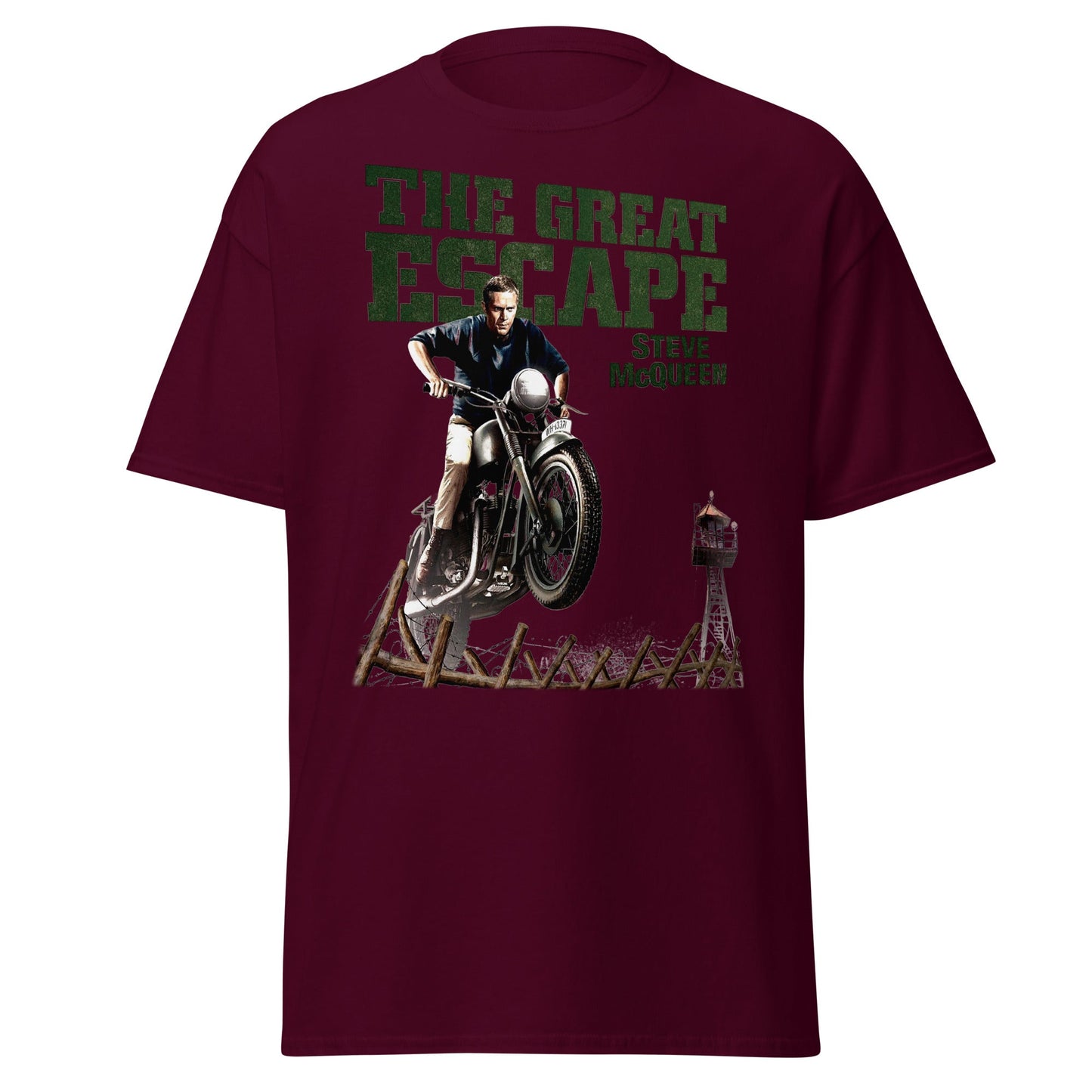 The Great Escape Steve McQueen Motorcycle T-Shirt - Maroon - T-Shirts Online