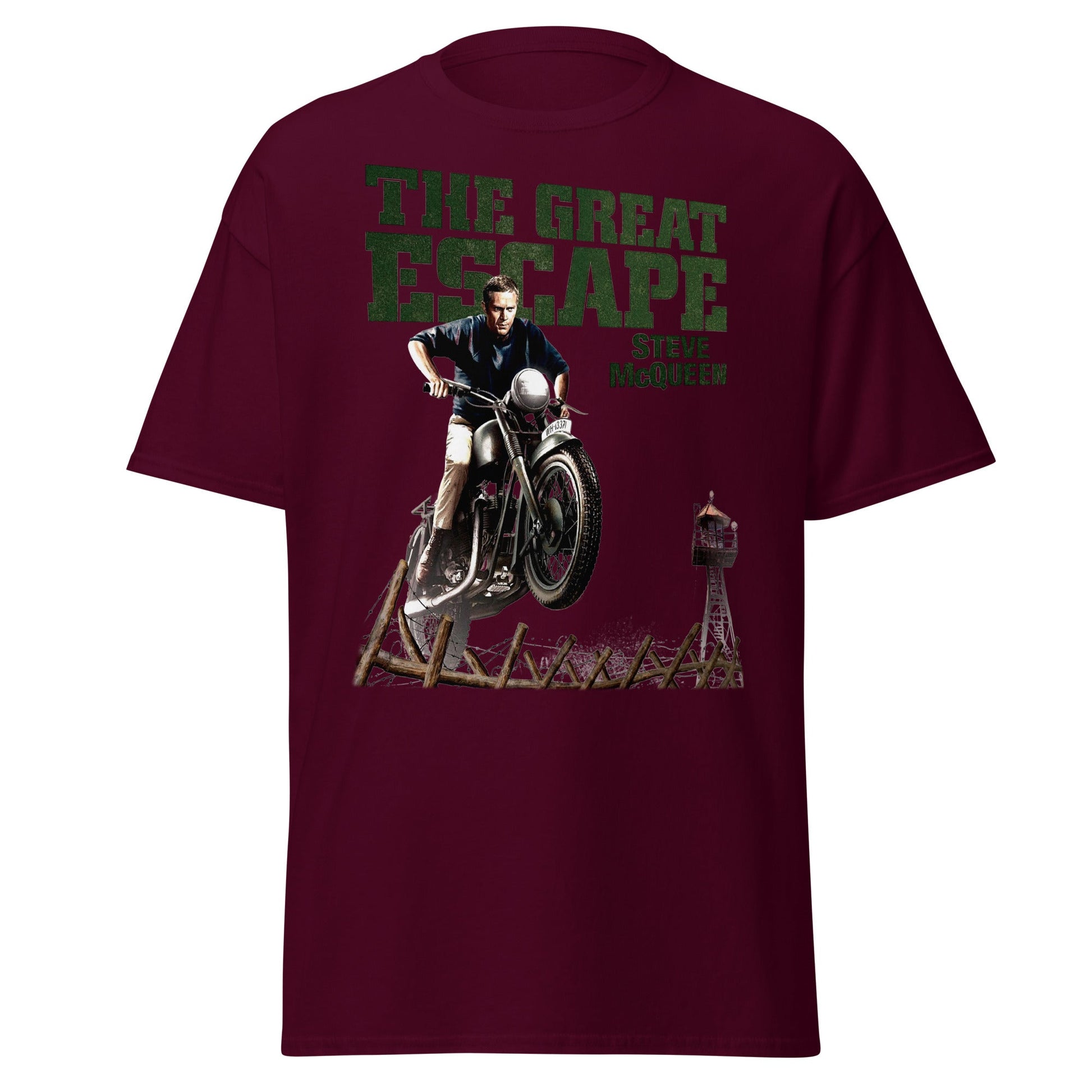 The Great Escape Steve McQueen Motorcycle T-Shirt - Maroon - T-Shirts Online