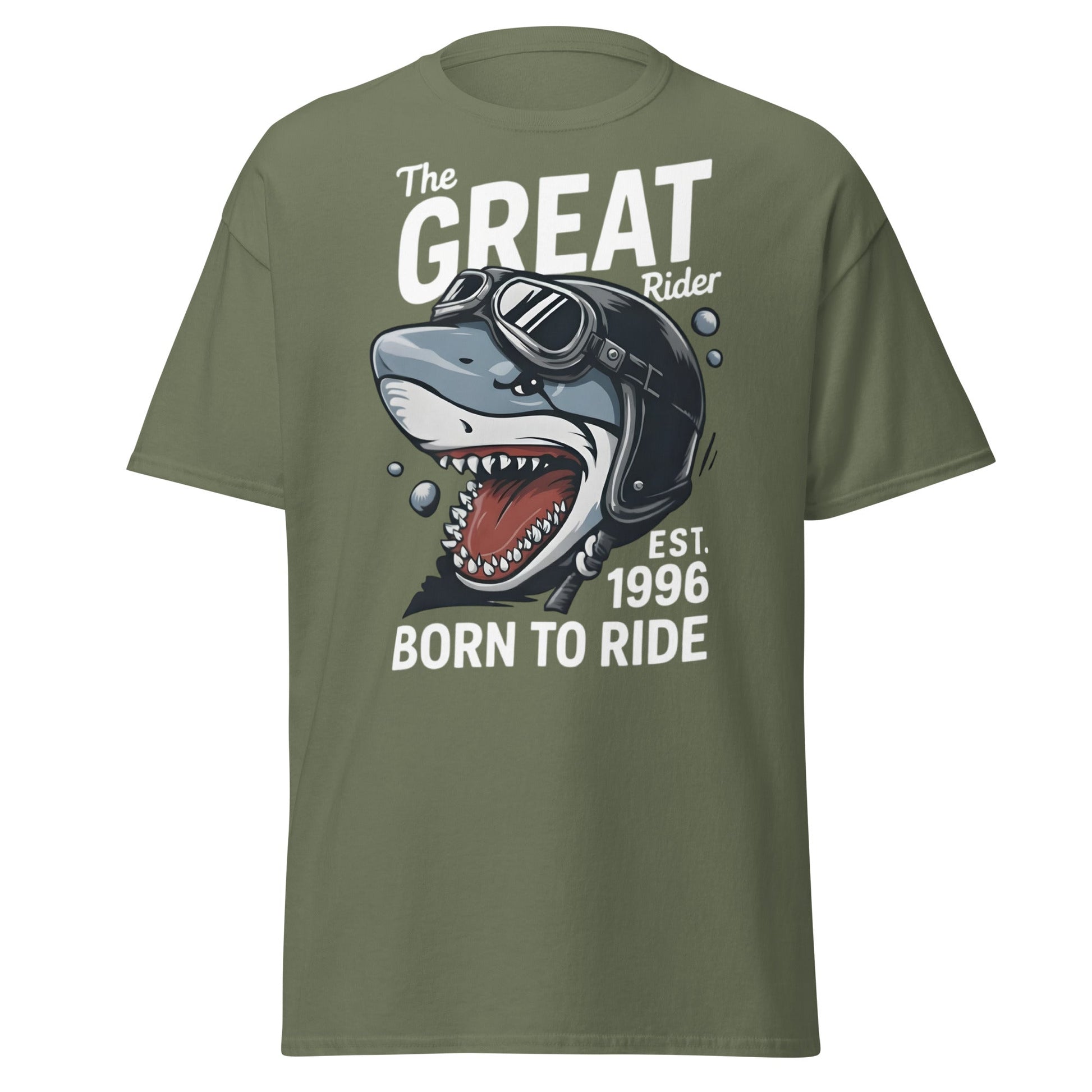 The Great Rider Shark T-Shirt - Vintage Biker Graphic Tee - Military Green - T-Shirts Online