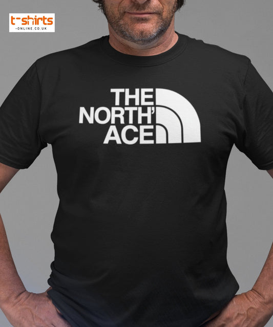 Person wearing a black t-shirt with 'The North Ace' logo on a gray background