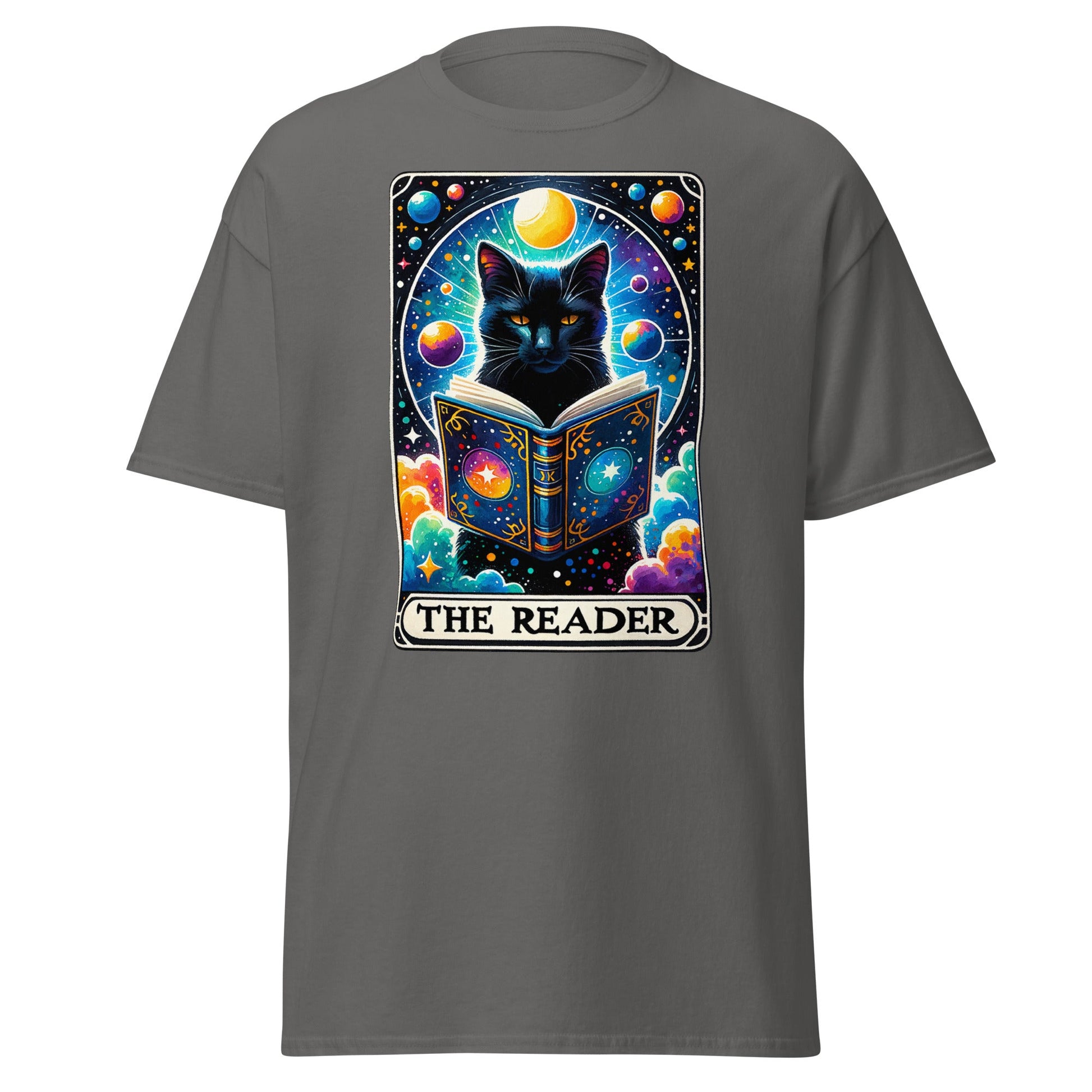 'The Reader' Cat Tarot | Tarot Card T-Shirt - Charcoal - T-Shirts Online