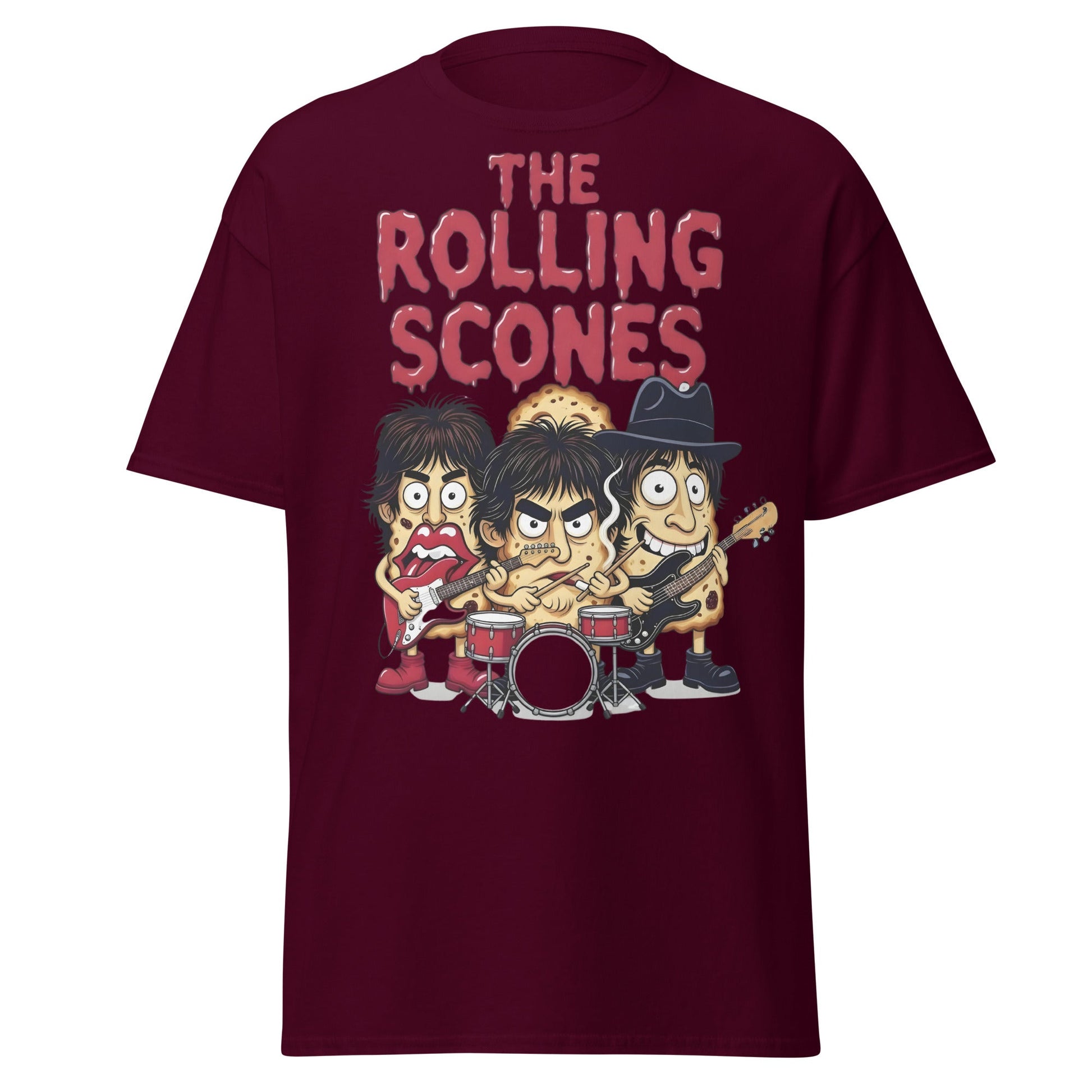 The Rolling Scones T-Shirt | Funny Rock Band Pun Tee - Maroon - T-Shirts Online