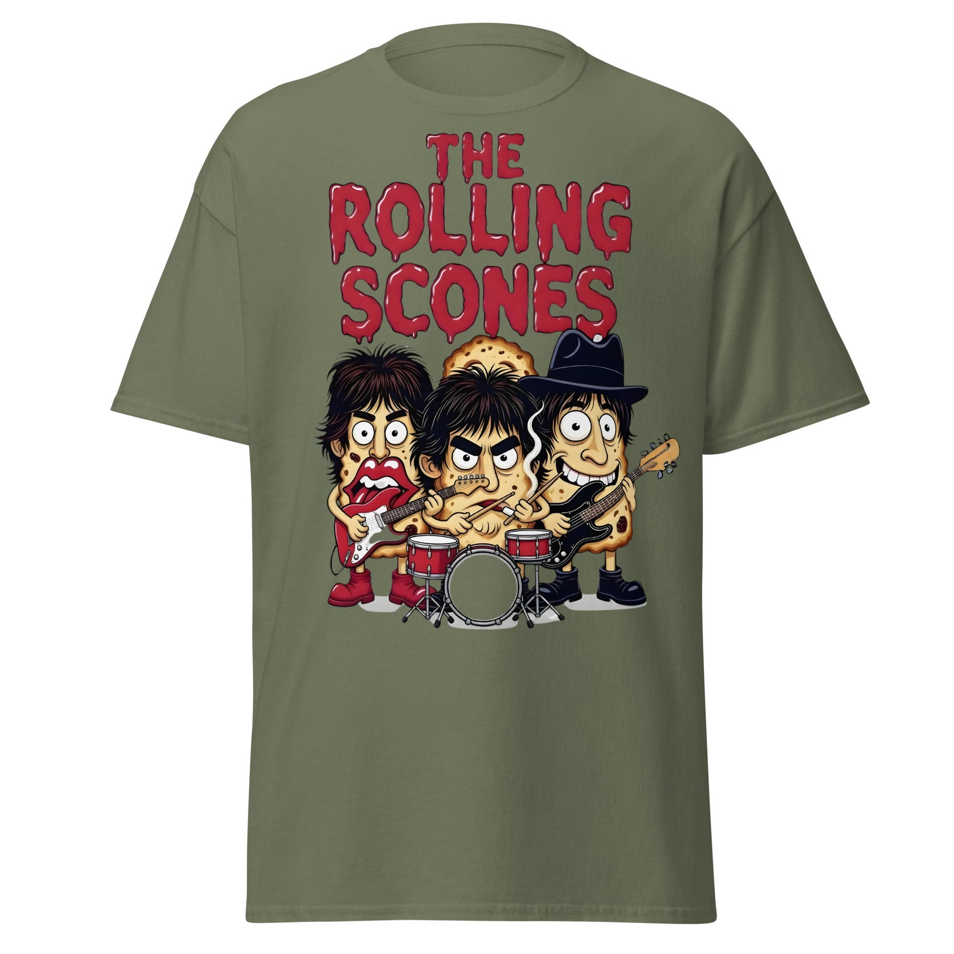 The Rolling Scones T-Shirt | Funny Rock Band Pun Tee - Military Green - T-Shirts Online