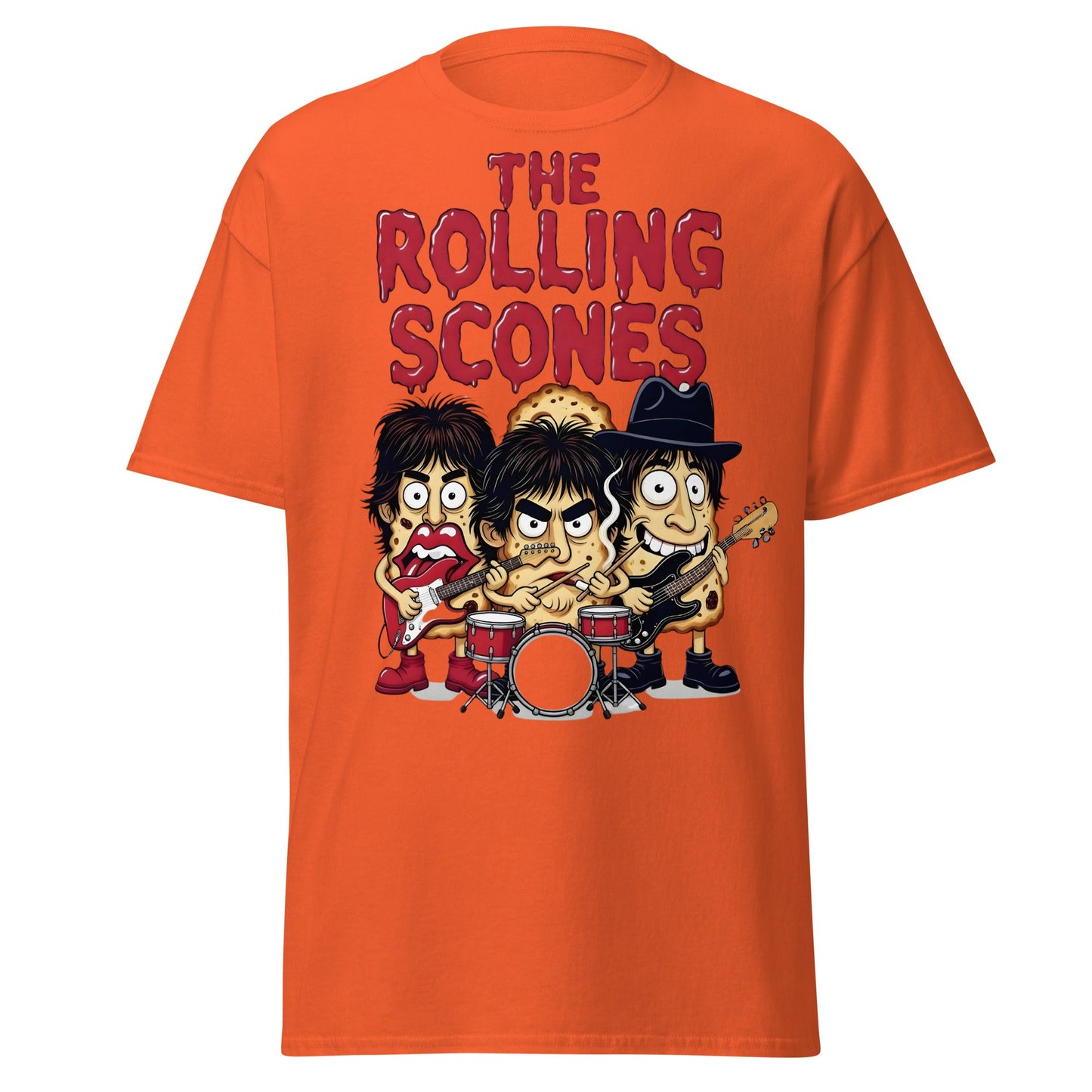 The Rolling Scones T-Shirt | Funny Rock Band Pun Tee - Orange - T-Shirts Online