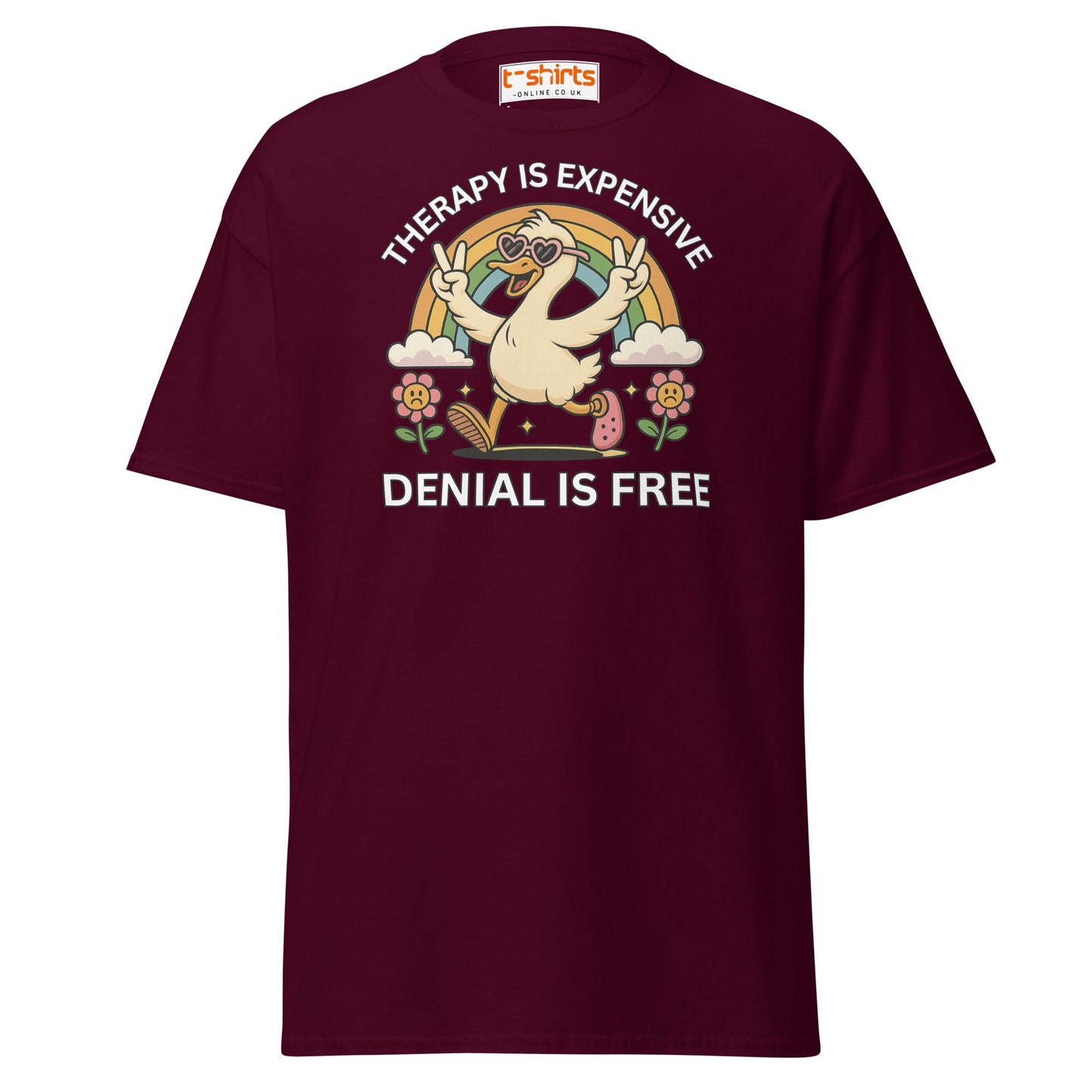 Therapy Is Expensive Tee – Funny Denial Duck Shirt - Maroon - T-Shirts Online