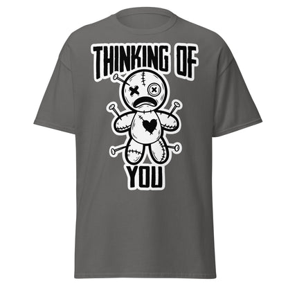 Thinking of You Voodoo Doll T-Shirt - Dark Humor Graphic Tee - Charcoal - T-Shirts Online