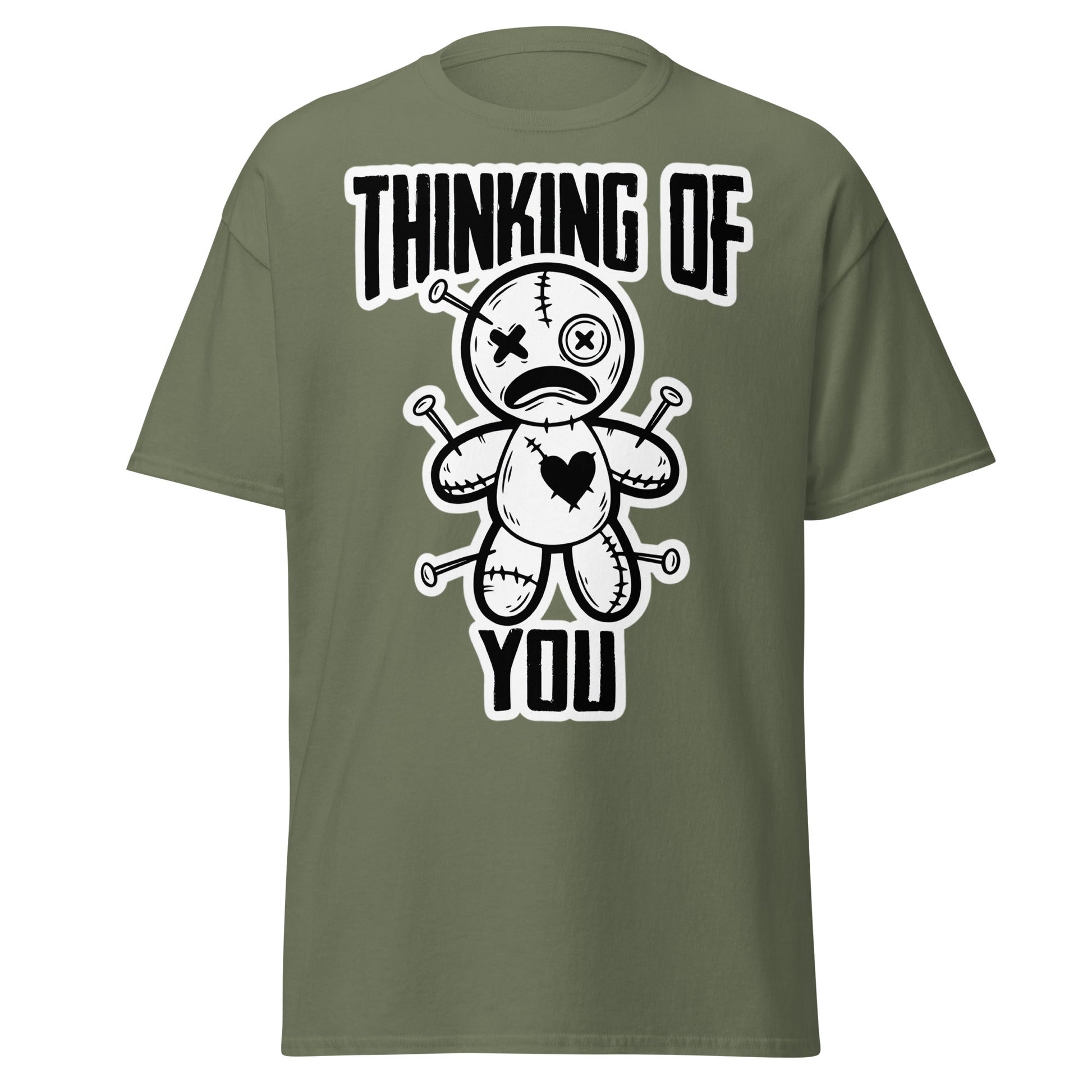 Thinking of You Voodoo Doll T-Shirt - Dark Humor Graphic Tee - Military Green - T-Shirts Online