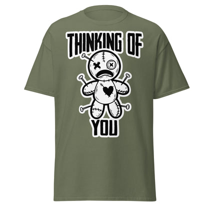 Thinking of You Voodoo Doll T-Shirt - Dark Humor Graphic Tee - Military Green - T-Shirts Online