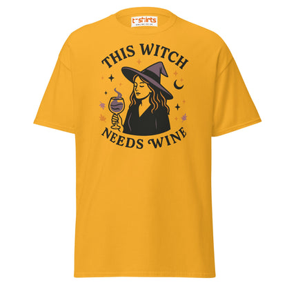This Witch Needs Wine Halloween T-Shirt - Gold - T-Shirts Online