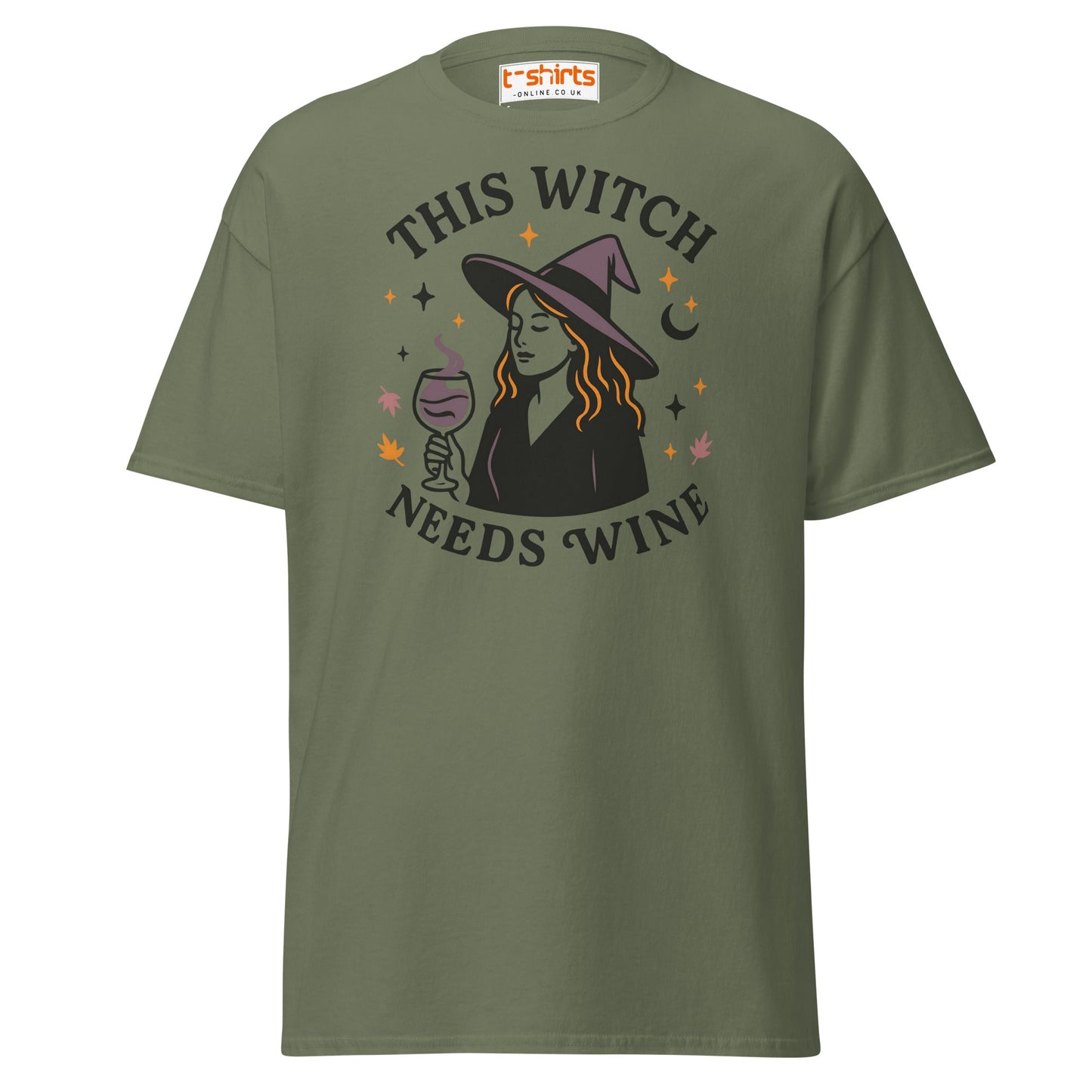 This Witch Needs Wine Halloween T-Shirt - Military Green - T-Shirts Online