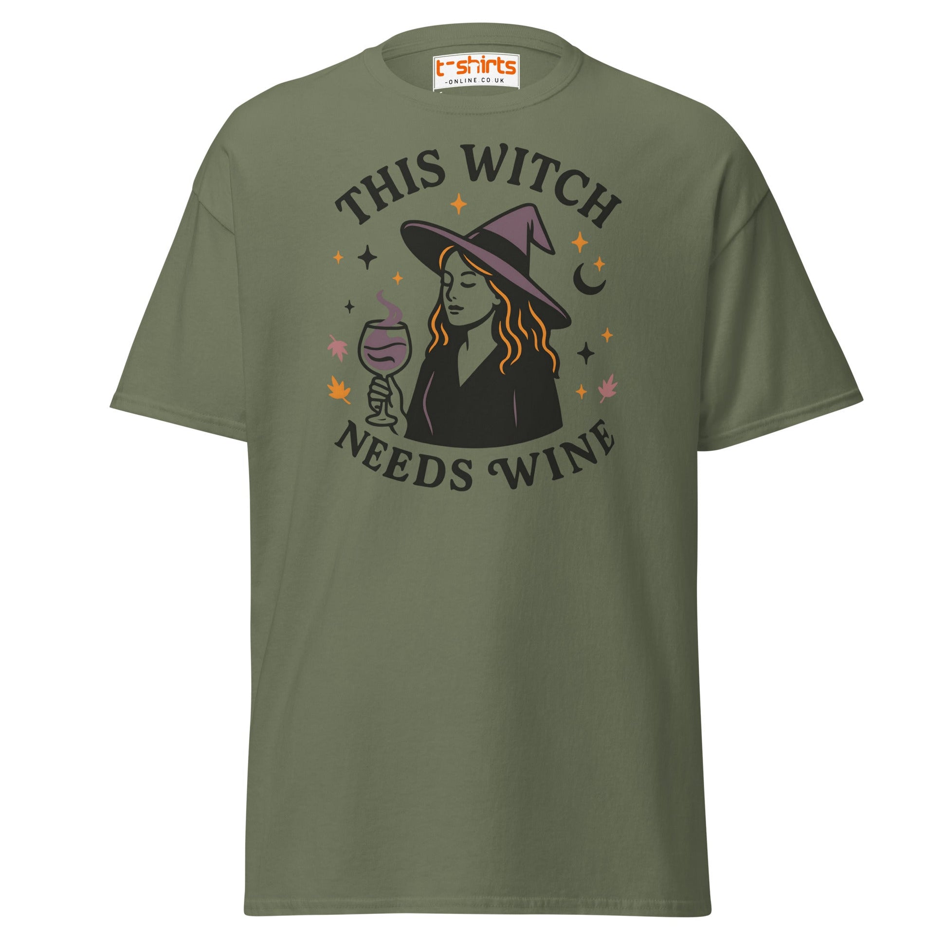 This Witch Needs Wine Halloween T-Shirt - Military Green - T-Shirts Online