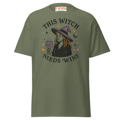 This Witch Needs Wine Halloween T-Shirt - Military Green - T-Shirts Online