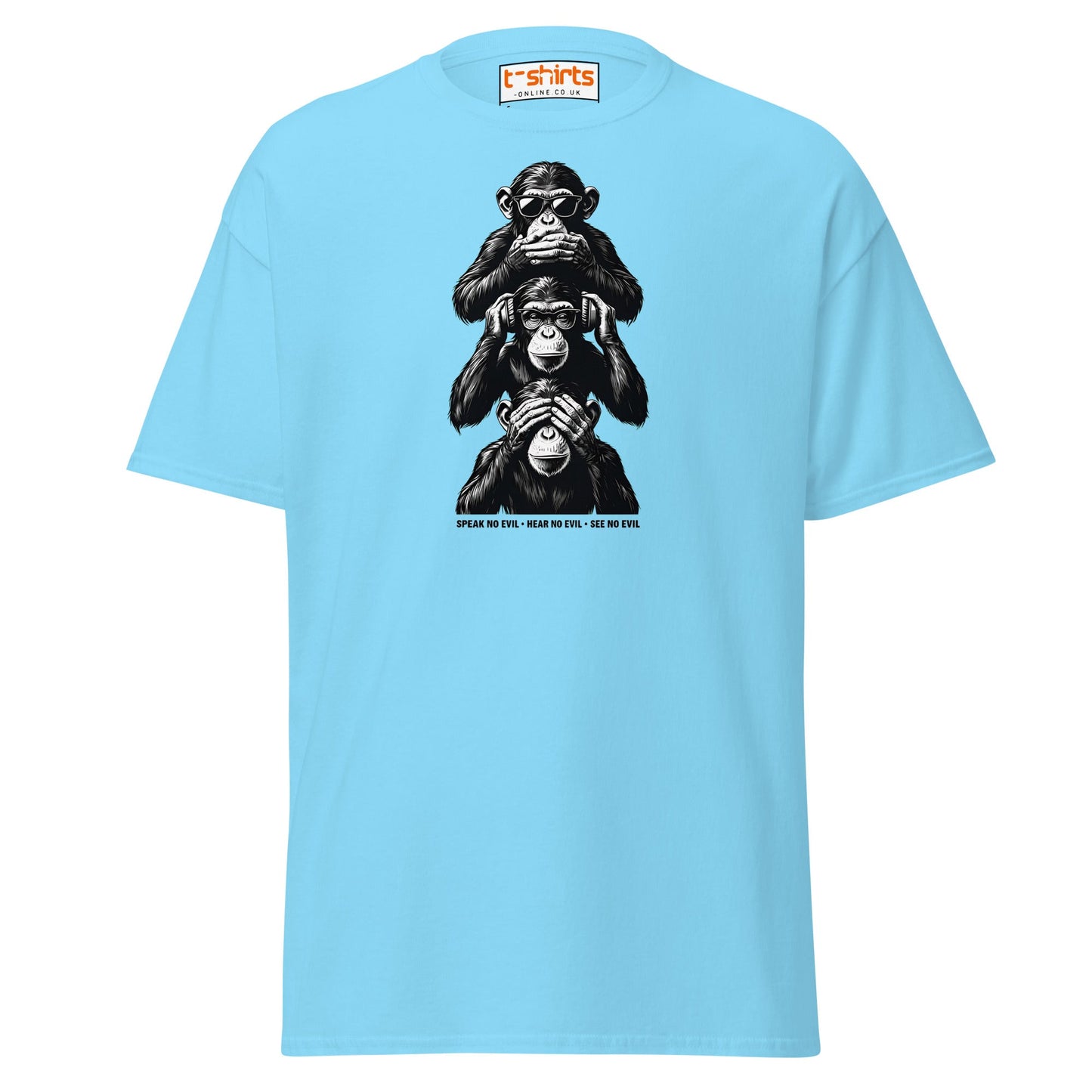 Three Wise Monkeys T-Shirt | Speak No Evil Design - Sky - T-Shirts Online