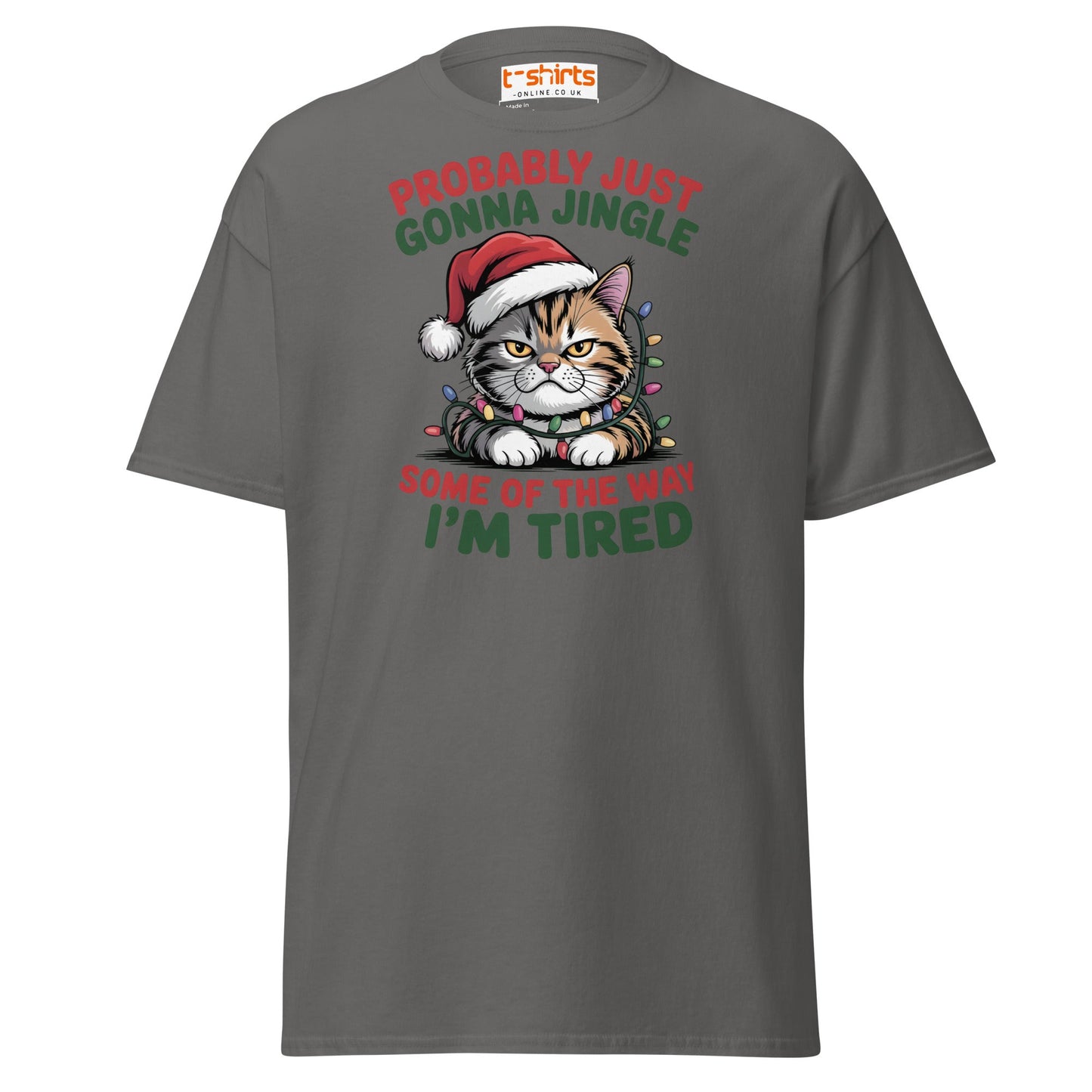 Tired Cat Christmas T-Shirt – Funny Festive Lazy Cat Tee - Charcoal - T-Shirts Online