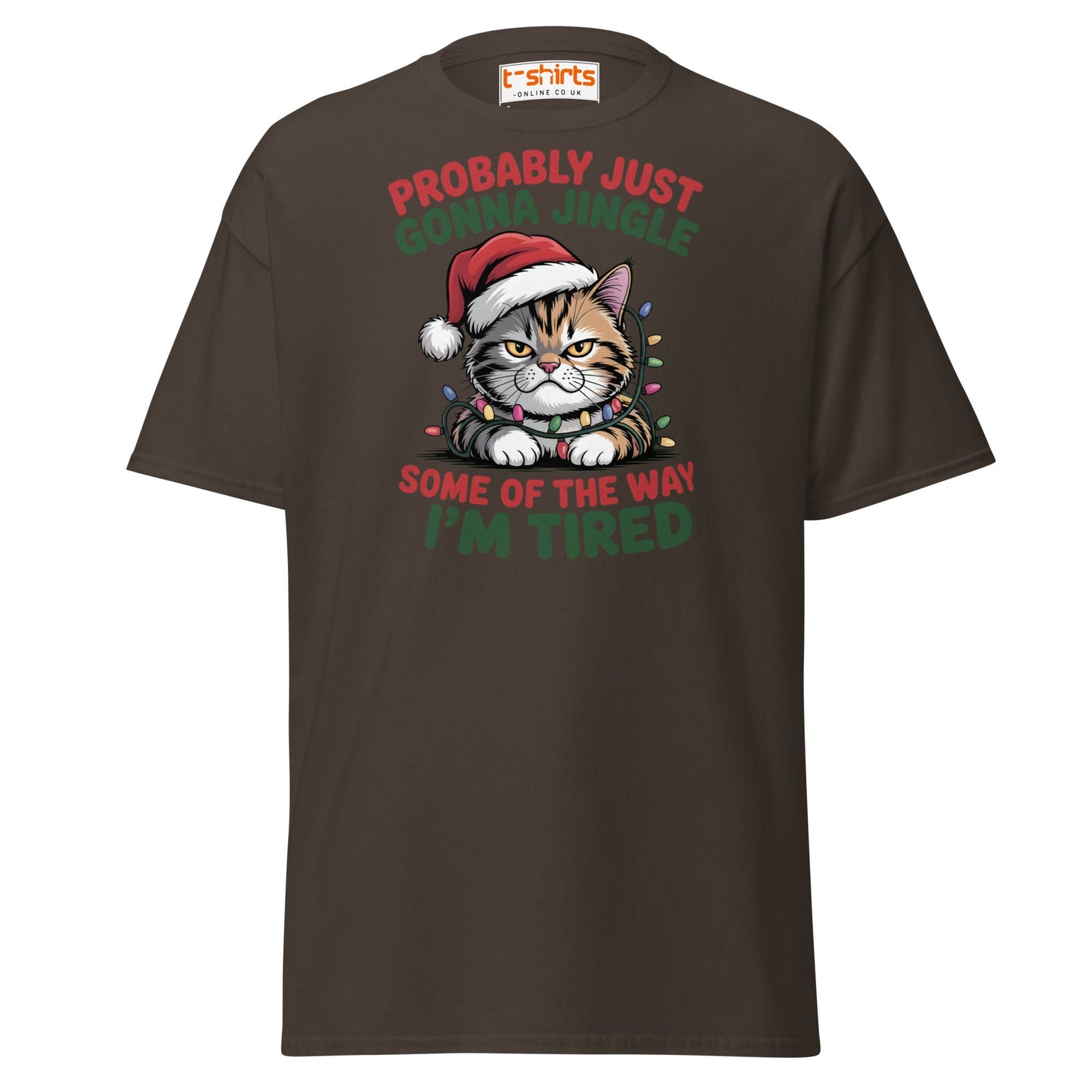 Tired Cat Christmas T-Shirt – Funny Festive Lazy Cat Tee - Dark Chocolate - T-Shirts Online