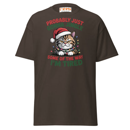 Tired Cat Christmas T-Shirt – Funny Festive Lazy Cat Tee - Dark Chocolate - T-Shirts Online