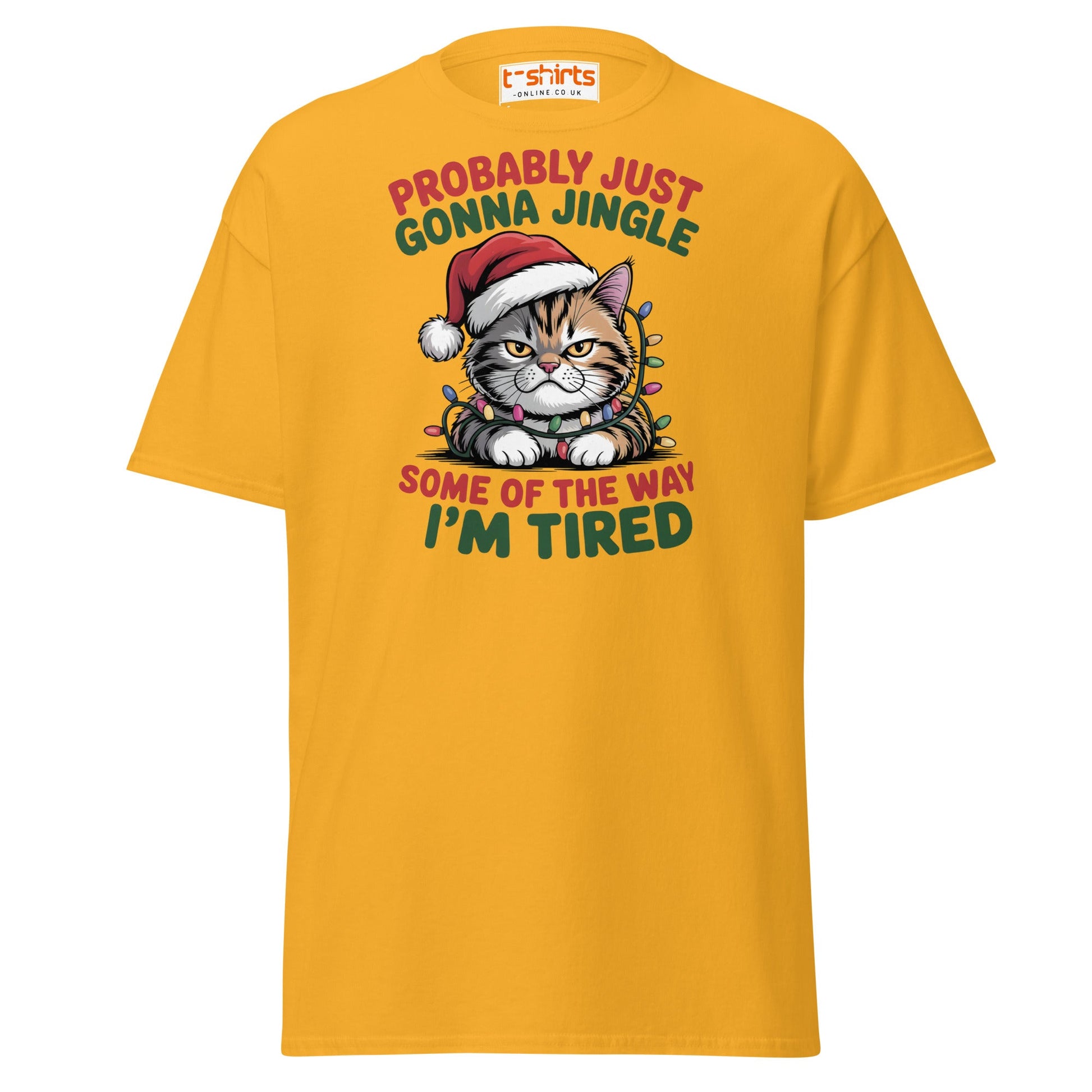 Tired Cat Christmas T-Shirt – Funny Festive Lazy Cat Tee - Gold - T-Shirts Online