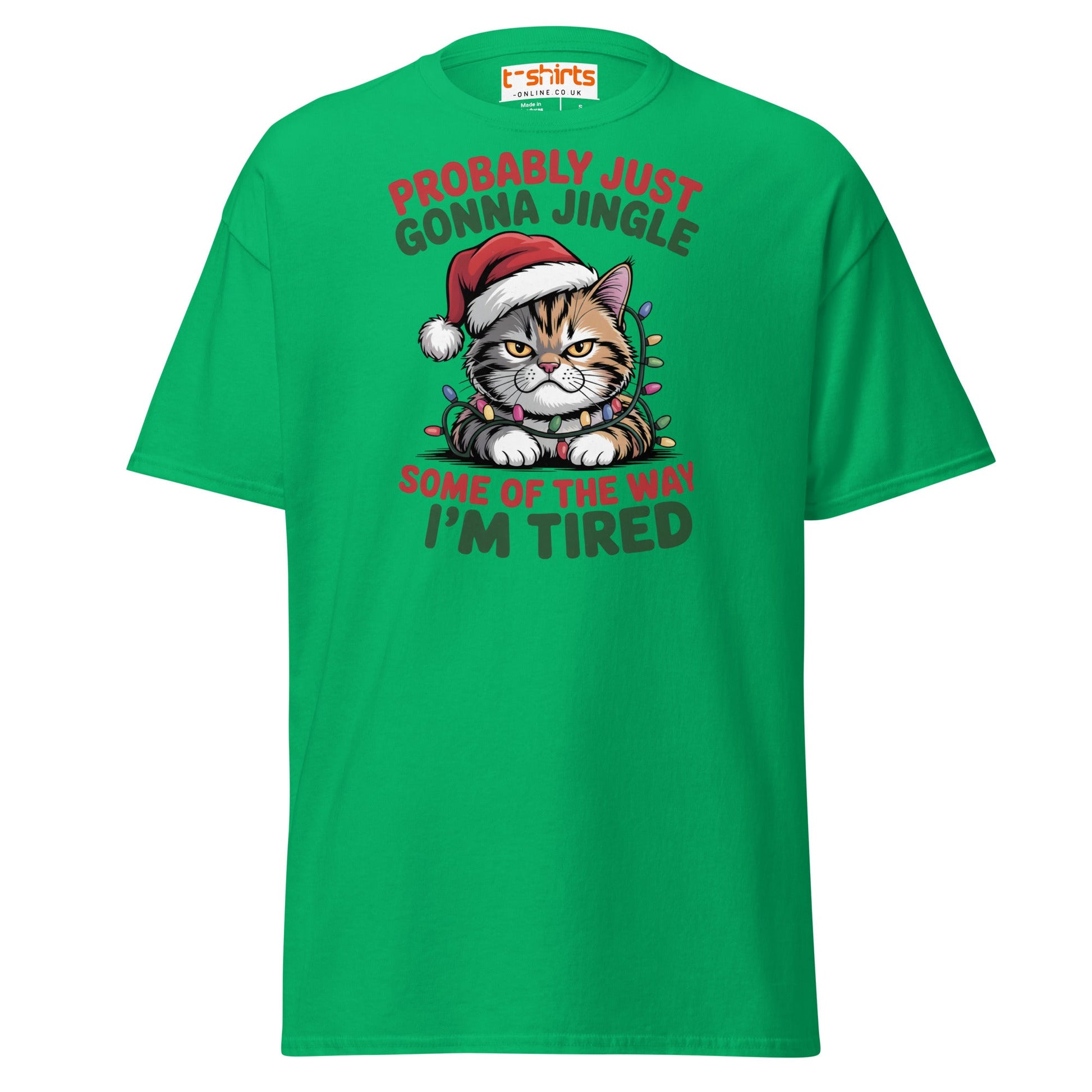 Tired Cat Christmas T-Shirt – Funny Festive Lazy Cat Tee - Irish Green - T-Shirts Online